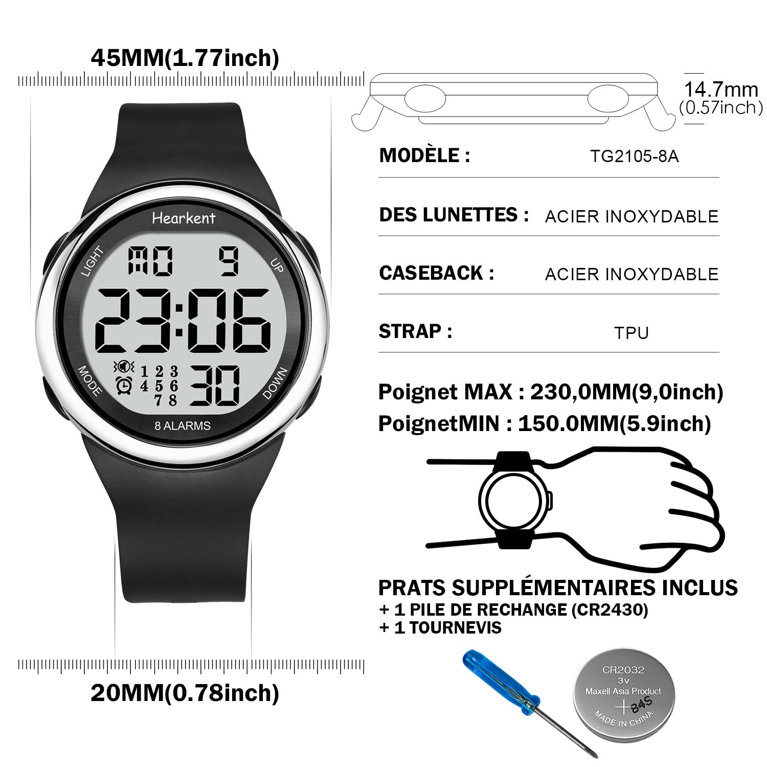 Hearkent 8 Alarmes Vibrantes Montre Rappel, Gros Chiffres | Montre Alarme Vibrante pour Rappels Médicaments, Travail, Sport, Sommei, 50M Étanche, EL Rétroéclairage, 12/24 Heures Format