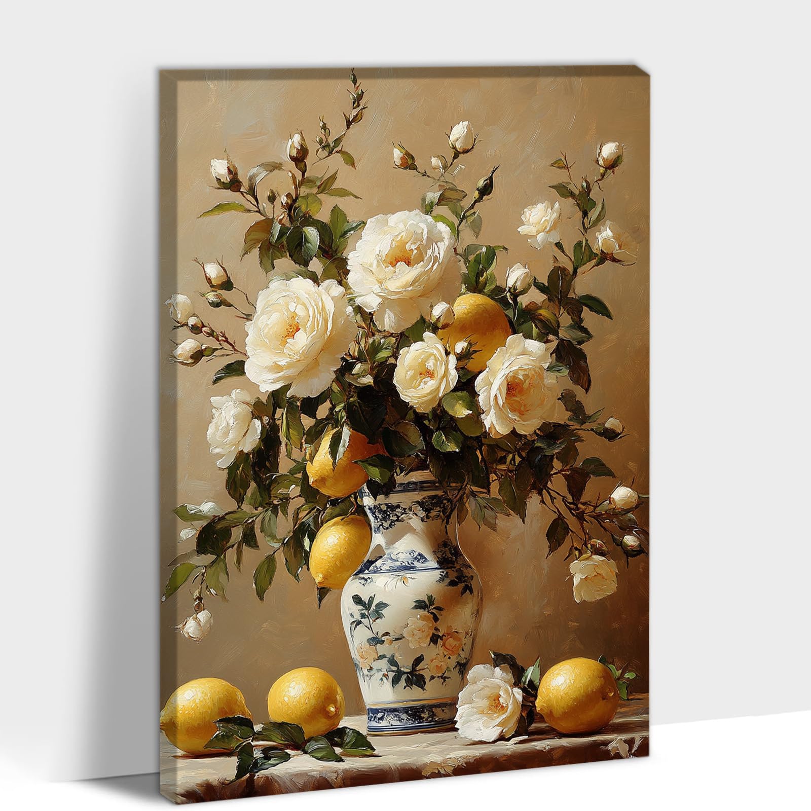 UZMKM Lemon Wall Art, Fruit & Flower Vase Still Life Canvas Prints Posters for Kitchen Wall Decor, Framed Modern Rustic Lemon Fruit Botanical Painting