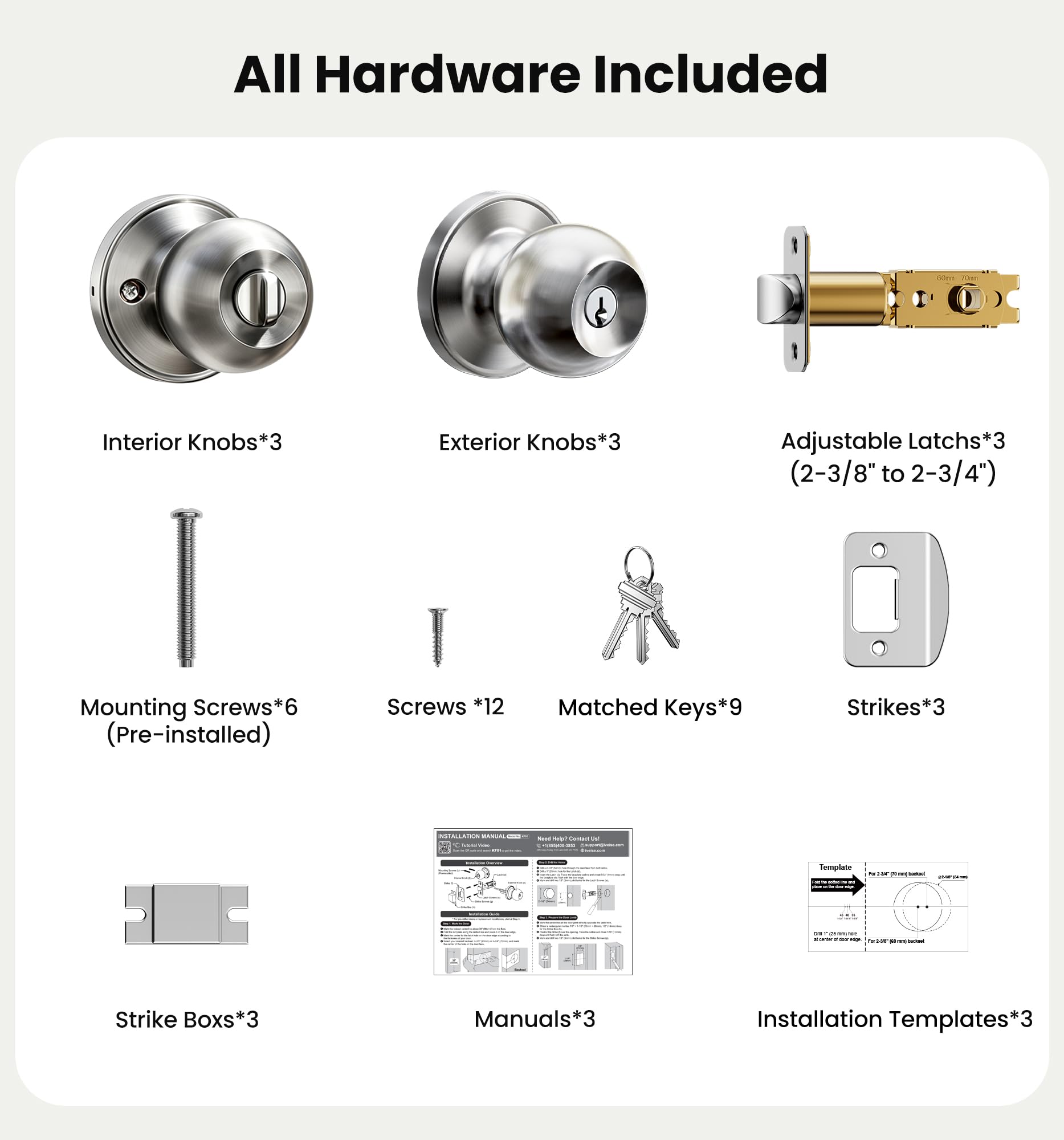 Veise 3-Pack Keyed Alike Entry Door Knobs - Satin Nickel -14