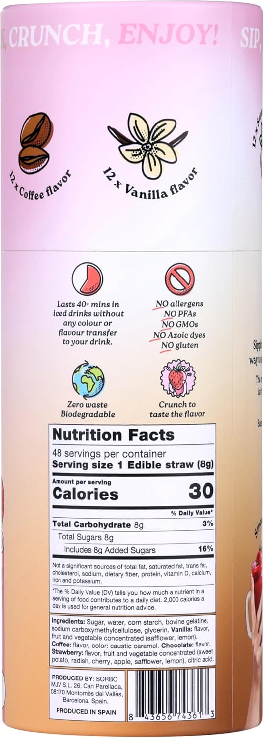 SORBOS Edible Drinking Straws, Dream Cream Mix Variety Pack – Strawberry, Chocolate, Coffee, and Vanilla Flavors, Individually Wrapped, Gluten Free, 7.5‑Inch (Pack of 48)