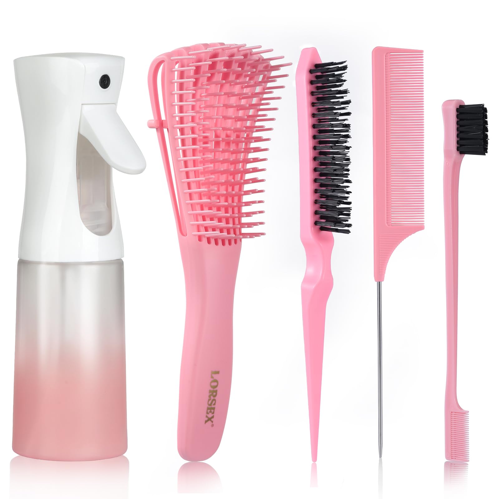 LORSEX Haarbürste mit 200ml Haar Sprühflasche, Entwirrbürste für Naturhaar für Afro Haare 3a bis 4c Verworrenes, Welliges, Lockiges Haar, mit 3 Stück Toupier Bürste Set Doppelkanten Bürste
