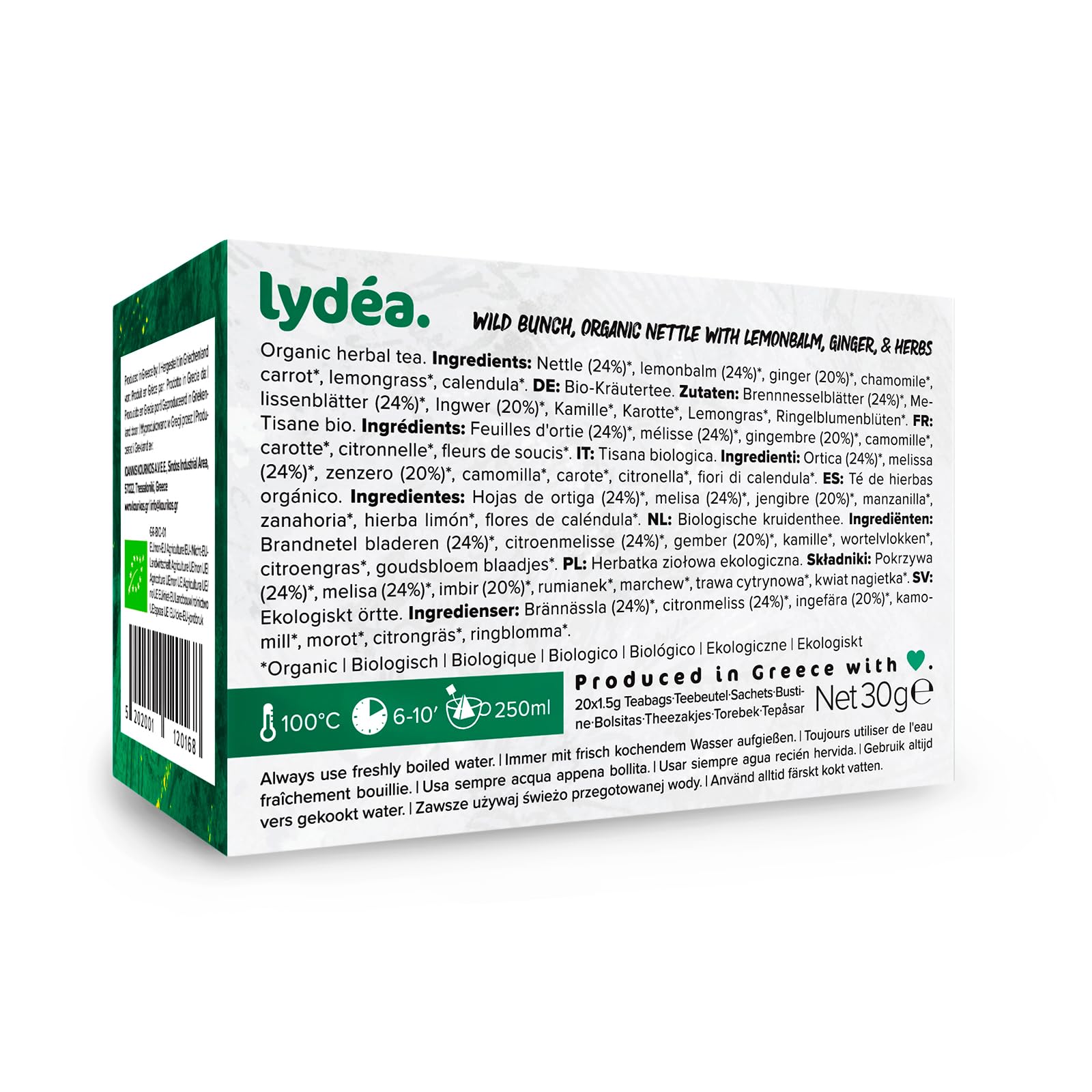 Lydea Ortie biologique – Délicieux mélange de tisanes avec gingembre, mélisse et plus – Naturellement sans caféine, 60 pyramides biodégradables, paquet de 3 [3 x 20 pyramides]