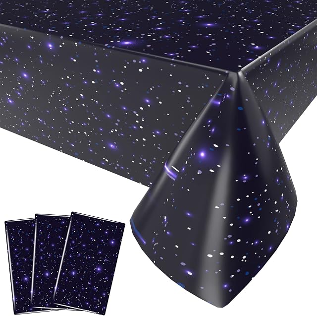 OTTPL Space Tablecloth 3 Pieces, Galaxy Table Covers for Space Theme Party, Starry Night Printed Disposable Plastic Table Decoration for Birthday Anniversary Dinner Picnic 54X108inch, Navy Blue Space