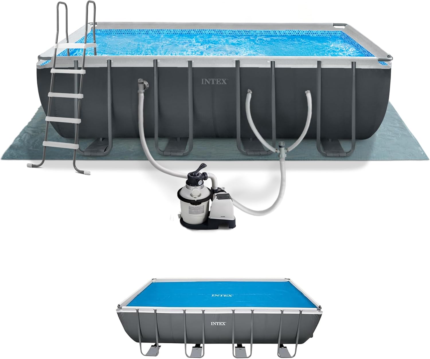 INTEX 26355EH Ultra XTR 18ft x 9ft x 52in Above Ground Swimming Pool Set with Sand Filter Pump and Solar Pool Cover