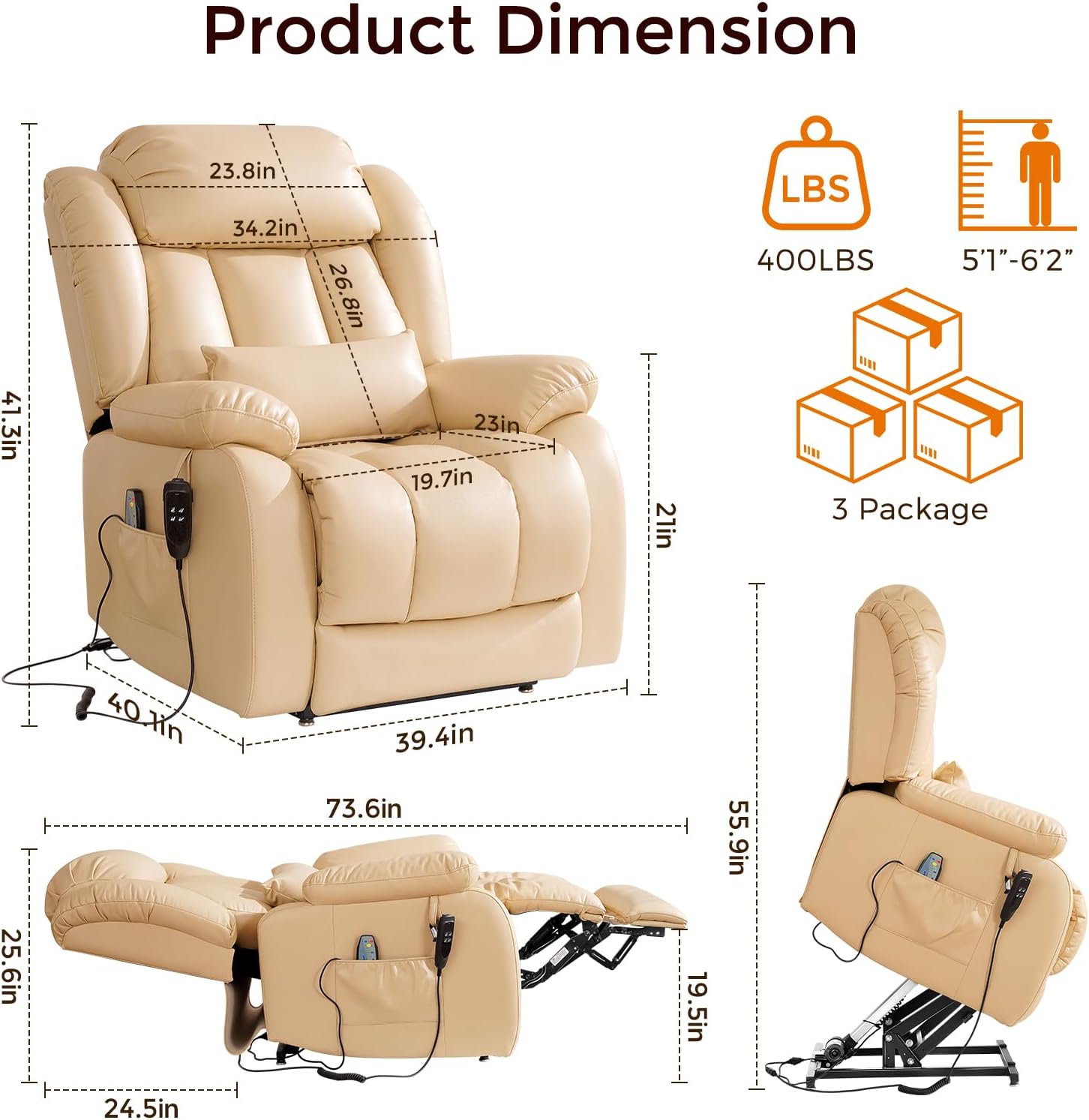 Power Lift Recliner Chair with 8-Point Massage & Heat, Dual Remote, USB/Type-C Ports, Easy-Clean Leather, Width 19.7" (Leather, Beige)
