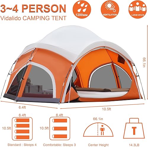 Miniatura 5 de Vidalido Tienda de campaña para 3 a 4 personas con 2 puertas, 2 grandes ventanas de malla familiar, tienda de campaña de glamping portátil