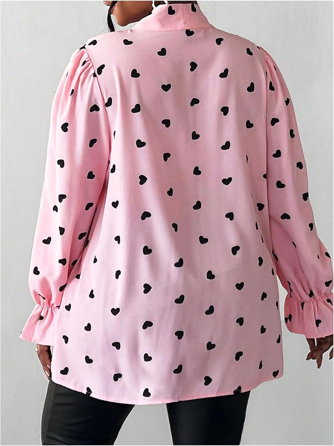 WDIRARA Women's Plus Size Heart Print Bow Tie Neck Long Sleeve Blouse Office Shirt Top - Image 6