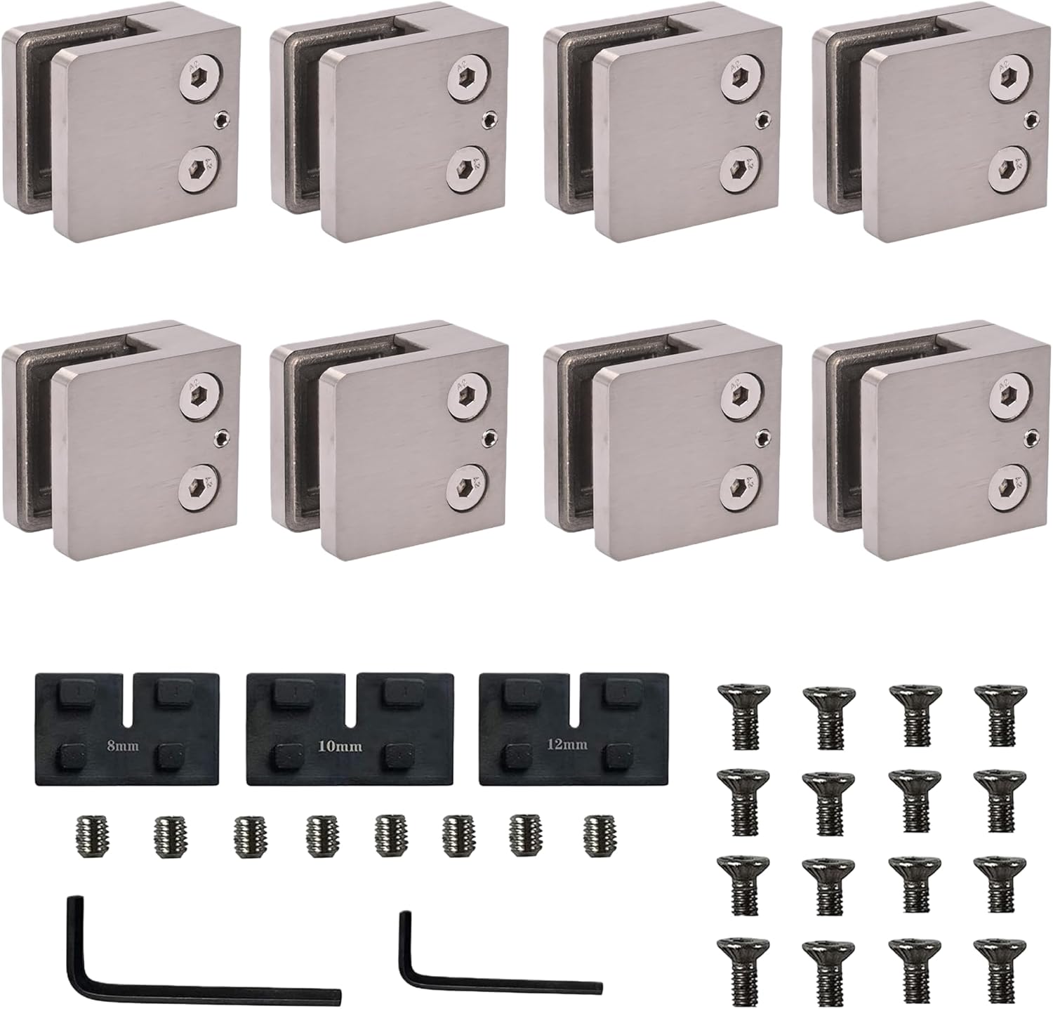 8Pcs Railing Glass Clamps with Rubber Gaskets, 1.8" Square Balustrade Clamp for 5/16"-1/2" Thickness, 304 Stainless Steel Glass Clamp for Shower Stairs Balustrade Balcony Handrail