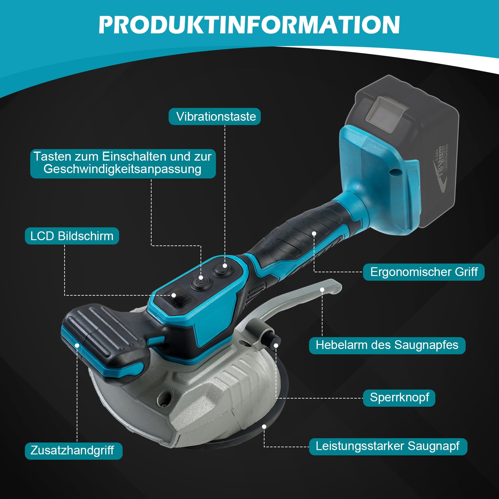 Akku Fliesenrüttler, Fliesenleger Maschine für Makita 18V, Fliesenvibrator mit 8 Einstellbaren Gänge, Fliesenlegerwerkzeuge mit 4,7 zoll Saugnapf, 80kg Adsorption Vibrationsgerät (ohne Akku)