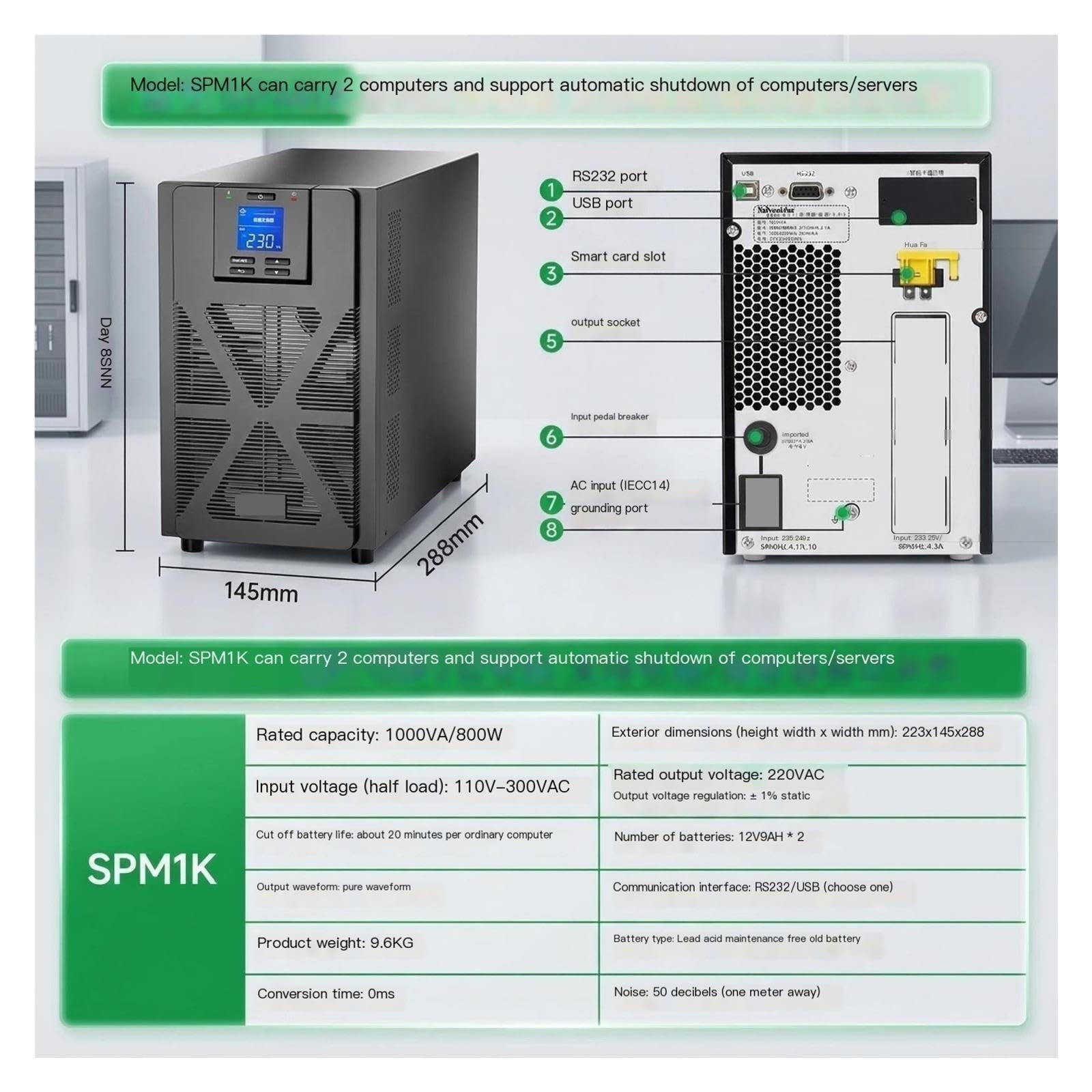 Alimentación ininterrumpida en línea de 1000VA, UPS SPM1K de 800W