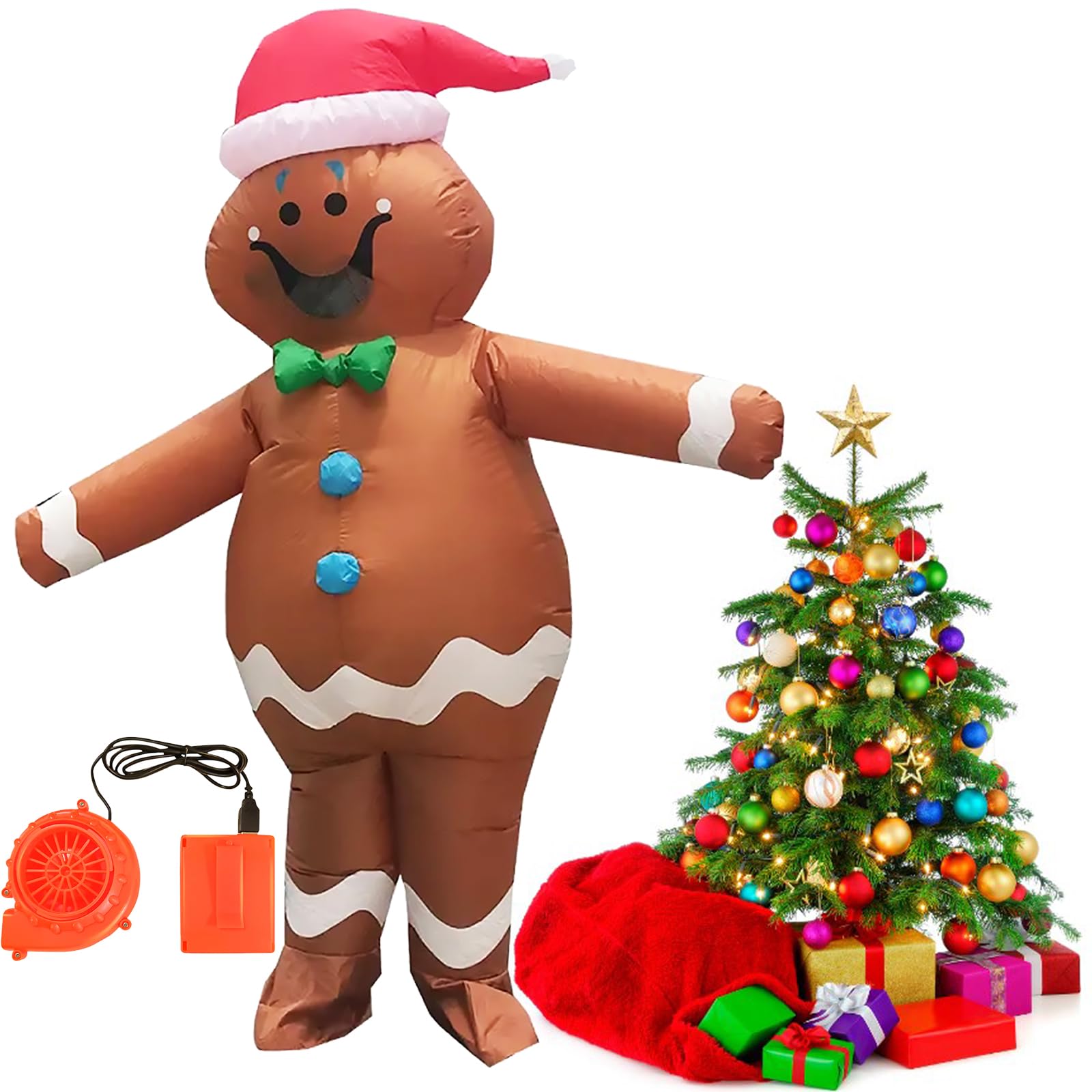 Aufblasbarer Weihnachts Kostüm, Lebkuchenmann Aufblasbares Kostüm für Erwachsene Aufblasbare für Halloween Party Geburtstag Weihnachten Cosplay Einfaches An und Ausziehen Batterie oder USB Angetrieben