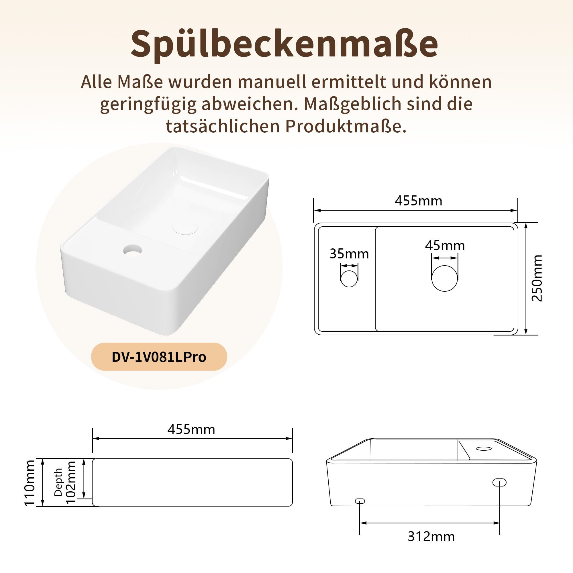 DeerValley Waschbecken, kleines Hänge-Waschbecken, rechteckiges Keramik Handwaschbecken für Badezimmer, Wohnmobil und alle kleinen Räume – Weiß / 45.5 x 25 x 11 cm