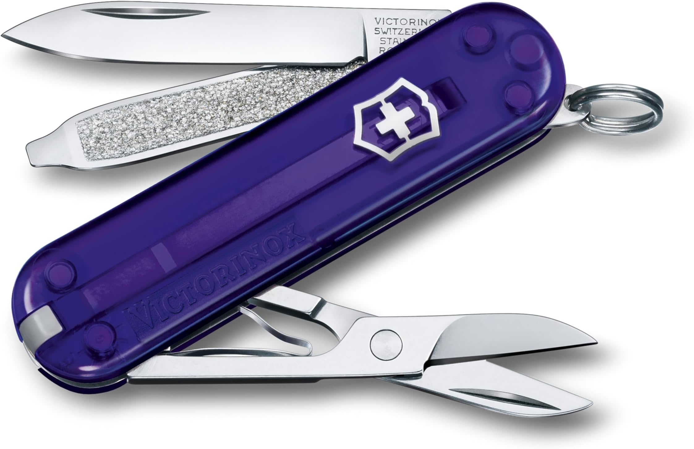Classic SD Mini Swiss Army Knife, Camping Pocket Knives, 7 Functions, Blade, Keyring, Purple Transparent