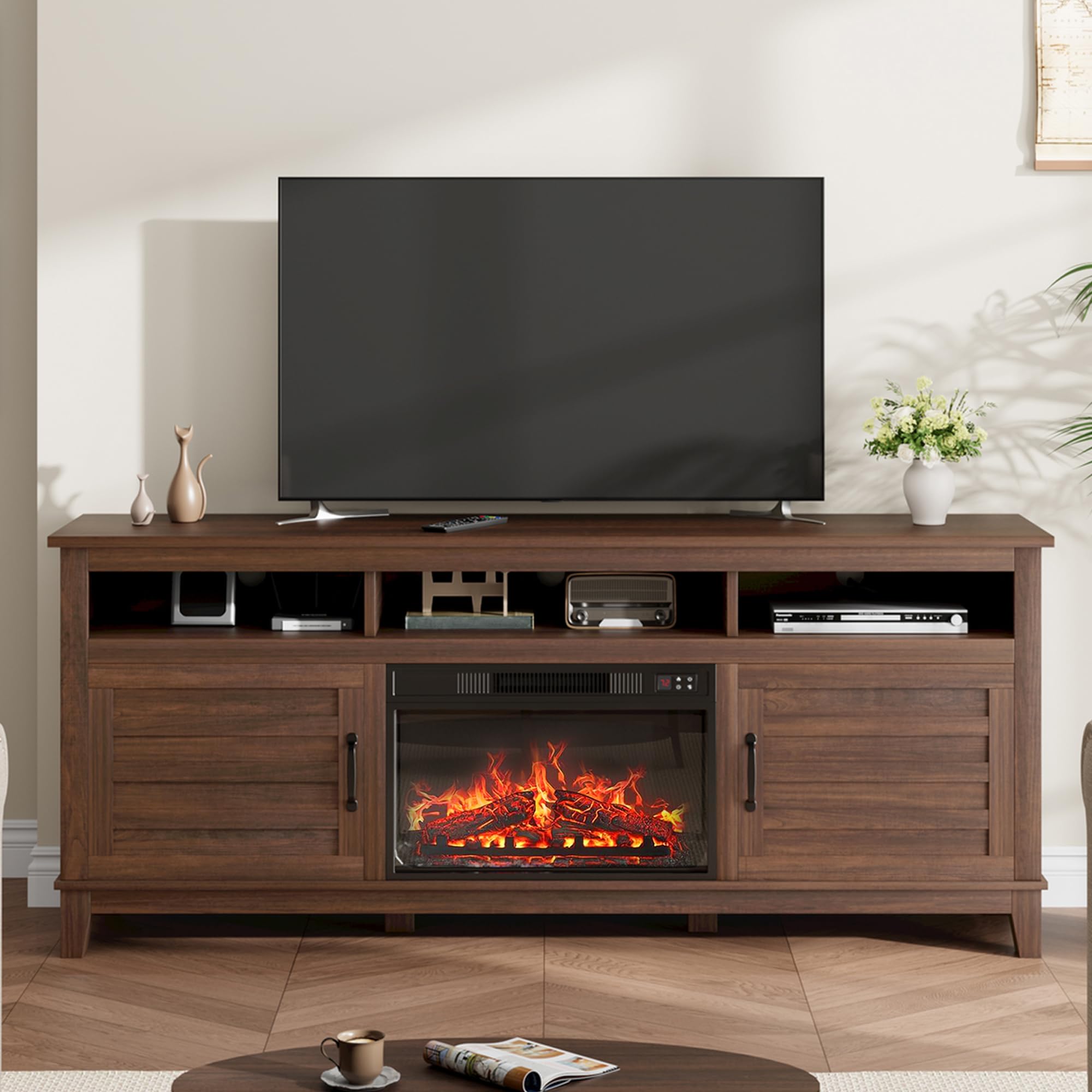 Garvee 70.9" Fireplace TV Stand, Entertainment Center with Electric Fireplace, Farmhouse TV Stand with Cabinet Doors,for Living Room, Bedroom, Brown