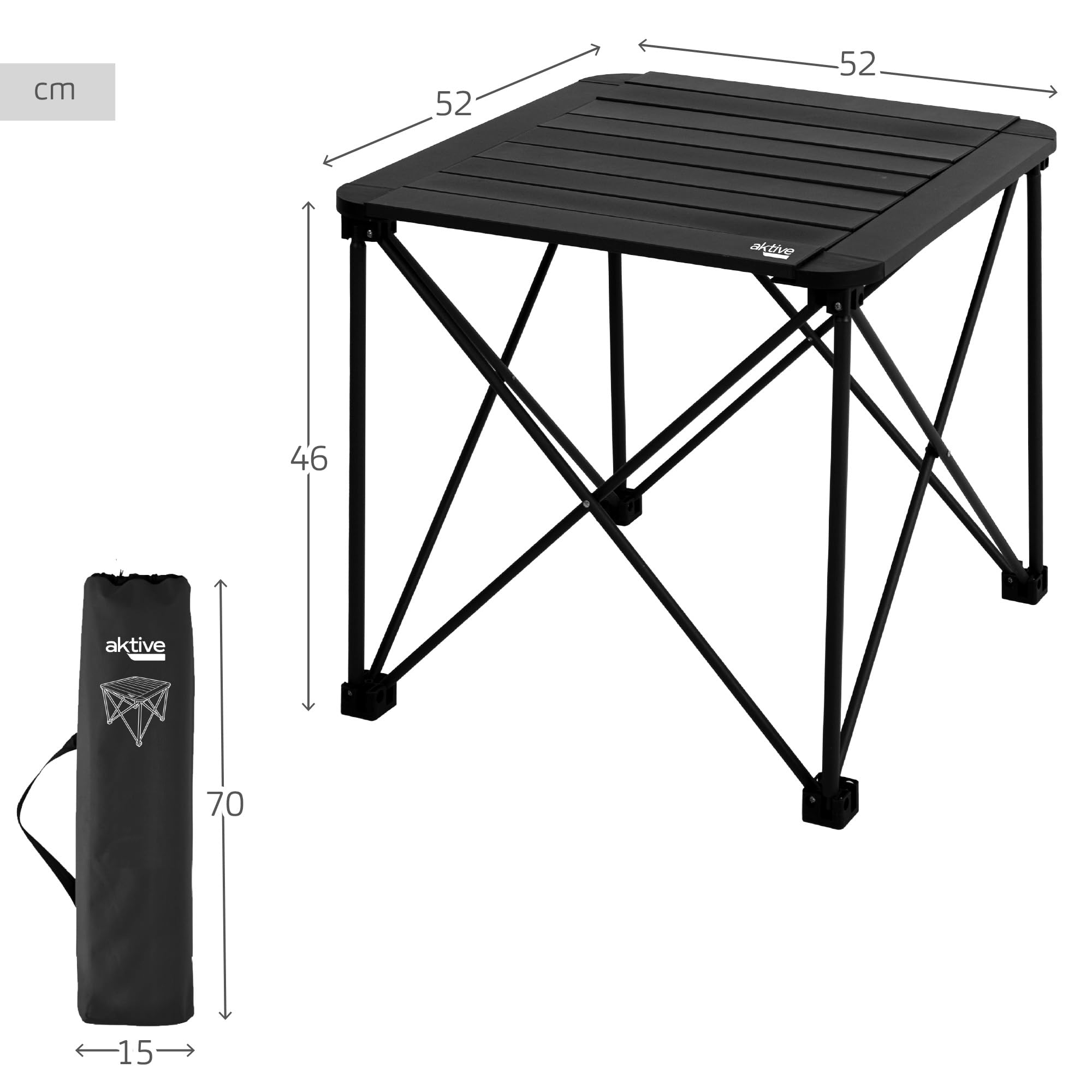 AKTIVE Tavolo da campeggio pieghevole, 52x52x46 cm, Piedini antiribaltamento, Piano e struttura in alluminio, Supporta 30 kg, Pieghevole compatto
