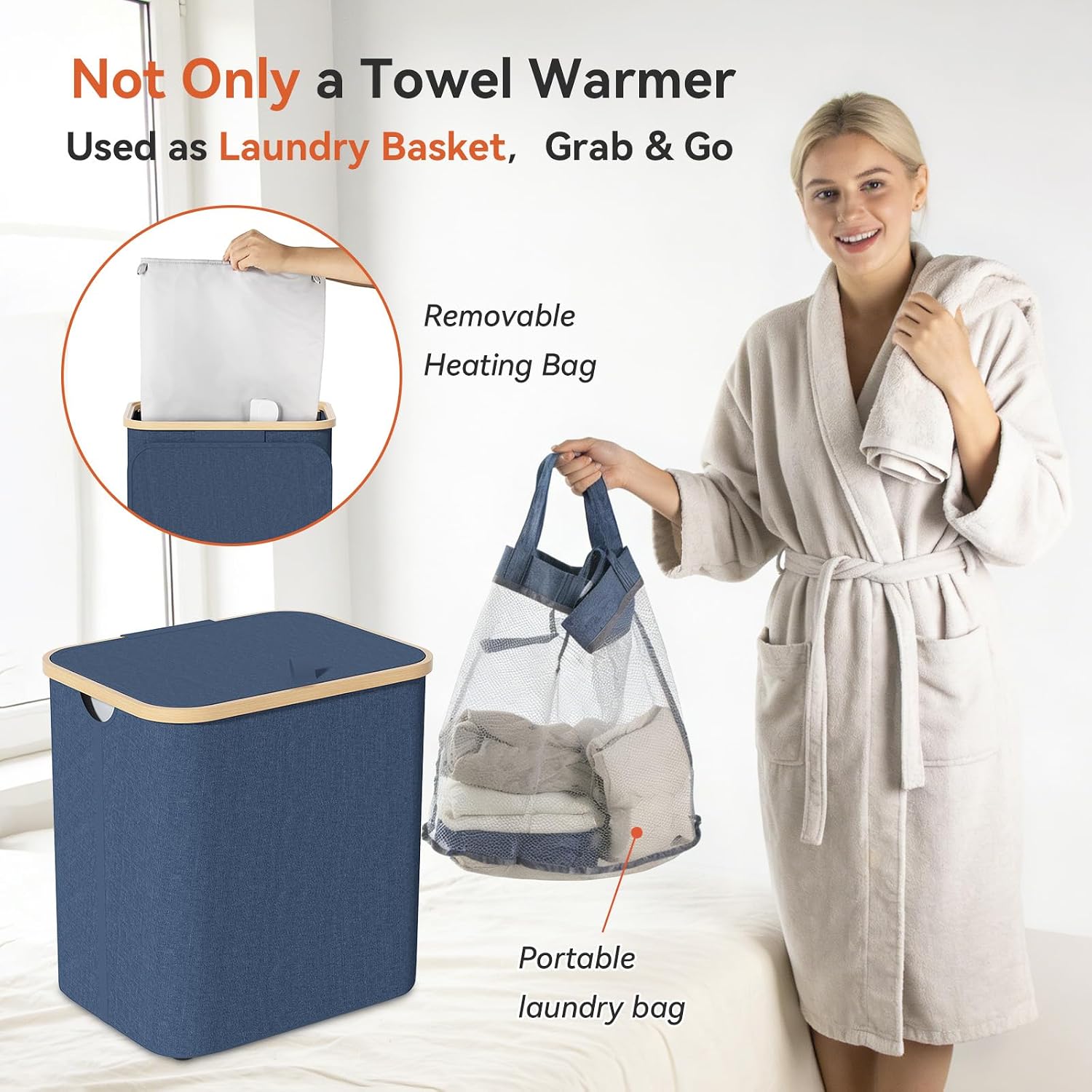 Towel Warmer & Laundry Basket 2-IN-1, Foldable Towel Warmer for Bathroom with Removable Heating Bag, 20/40/60Mins Fast Heating, Auto Shut-Off, Portbale Towel Warmer Fits 3 Large Towels Blankets - Blue