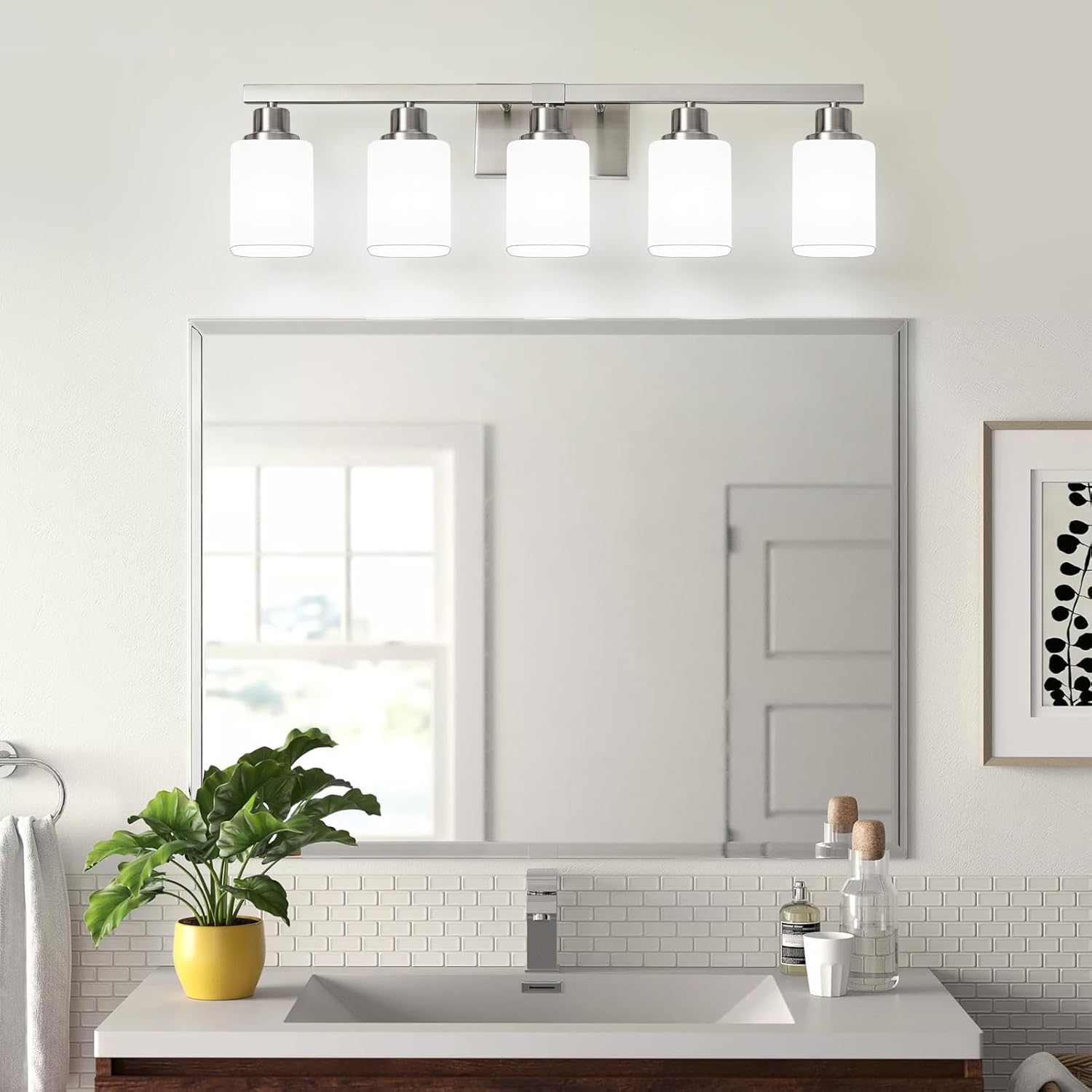 5-Light Bathroom Vanity Light,Brushed Nickel Vanity Lights with Square Frosted Glass,Modern Bathroom Wall Lights Fixtures Over Mirror,Wall Sconces Lighting for Bedroom Living Room,E26