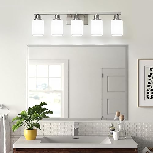 Miniatura 7 de Lámpara de tocador de baño de 5 luces, luces de tocador de níquel cepillado con vidrio esmerilado cuadrado, lámparas modernas de pared de baño sobre