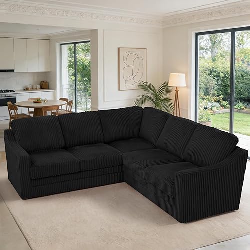 89 Inches Corduroy Sectional Sofa with High Density Sponge, Modern 5 Seats Corner Couch with Deep Seat, Comfy Modular L Shaped Couch with Comfortable Back Cushions for Living Room, Black