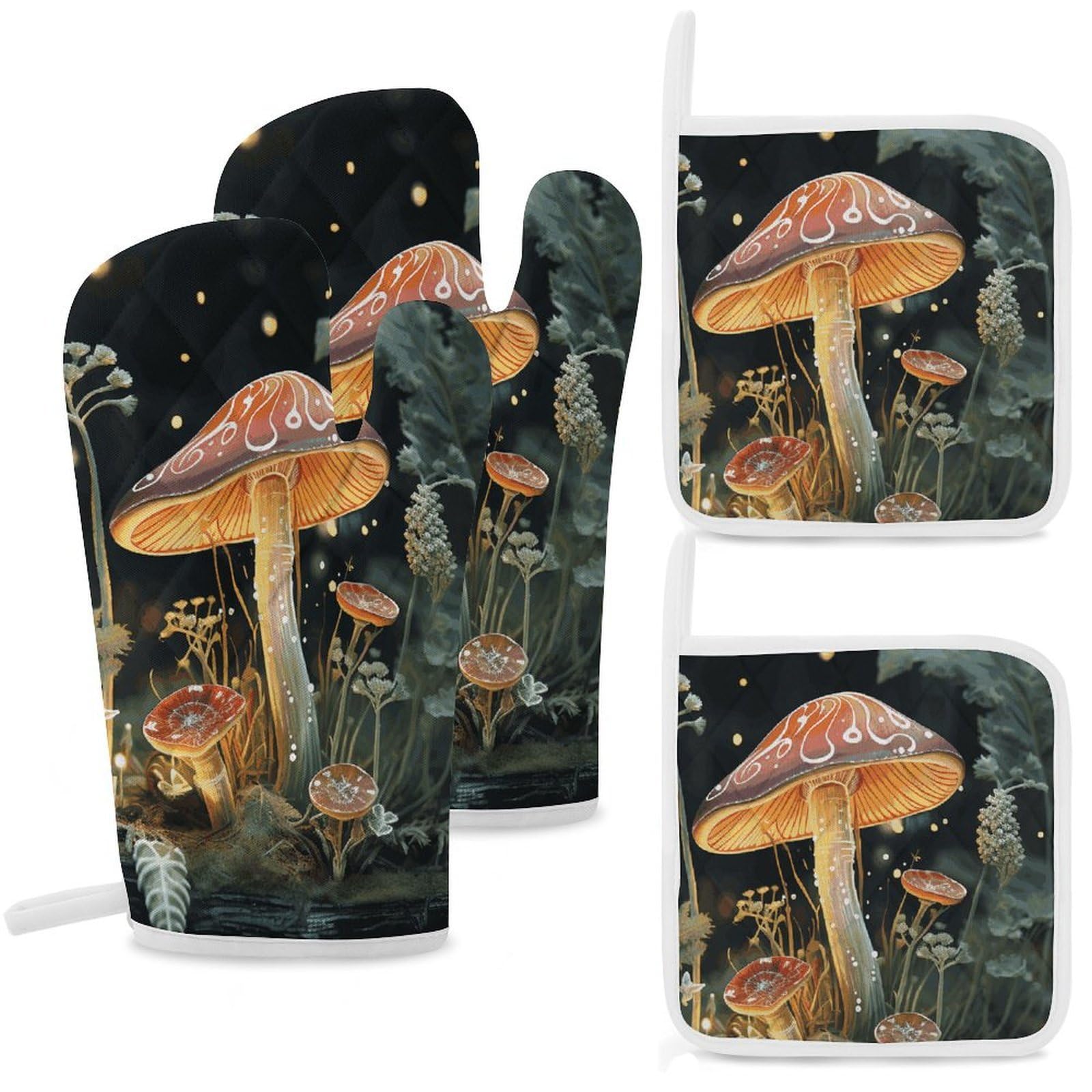 Butterfly Mushroom Oven Mitts and Pot Holders Sets Heat Resistant Oven Glove with Hanging Loop for Baking Cooking BBQ Thicken Potholders for Kitchen