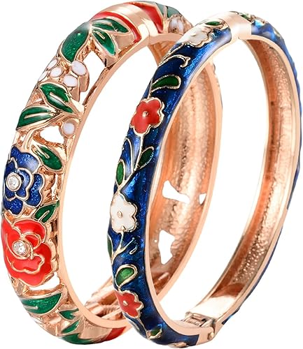 UJOY Vintage Jewelry Cloisonne Artesanal Esmaltado Mariposa Flor Magnífica Rhinestone Oro Bisagra Brazalete Brazalete Brazaletes Regalos 88A09