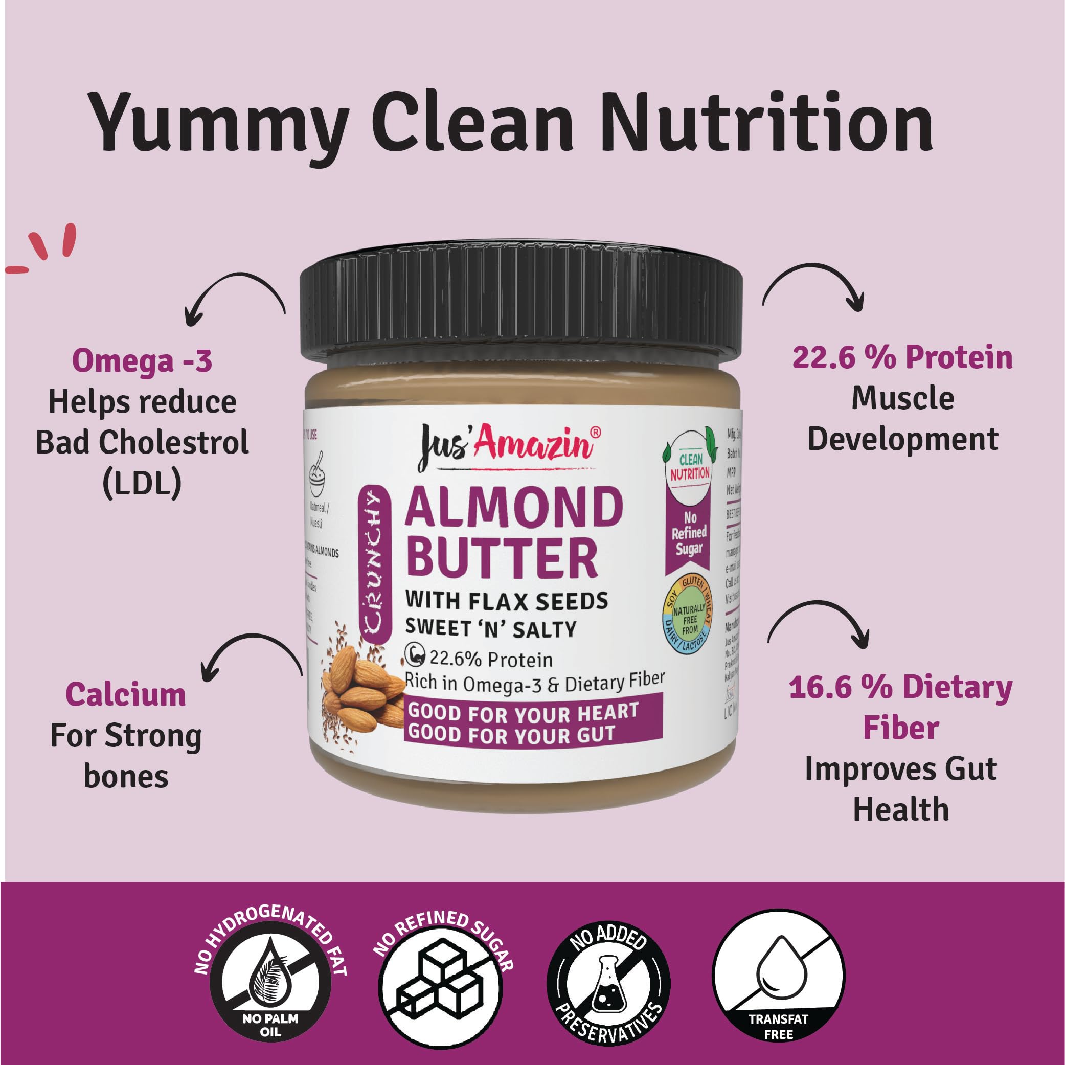Jus' Amazin Crunchy Almond Butter – with Crunchy Flaxseeds (200g) | 22% Protein | Plant-Based Nutrition | 86% Almonds | Rich in Omega-3 | Zero Chemicals | Dairy Free | 100% Natural - Image 4 thumbnail