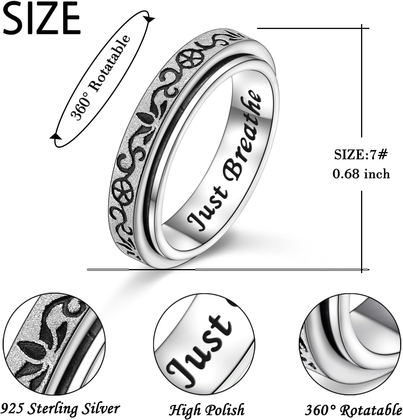 Ladytree Fidget Spinner Ring S925 Sterling Silver Just Breathe Inspirational Hope Rings Anxiety Stress Relieving Boredom ADHD Autism Rings Sandblasted Thumb Rotating for Women Men, Size 7 - Image 7