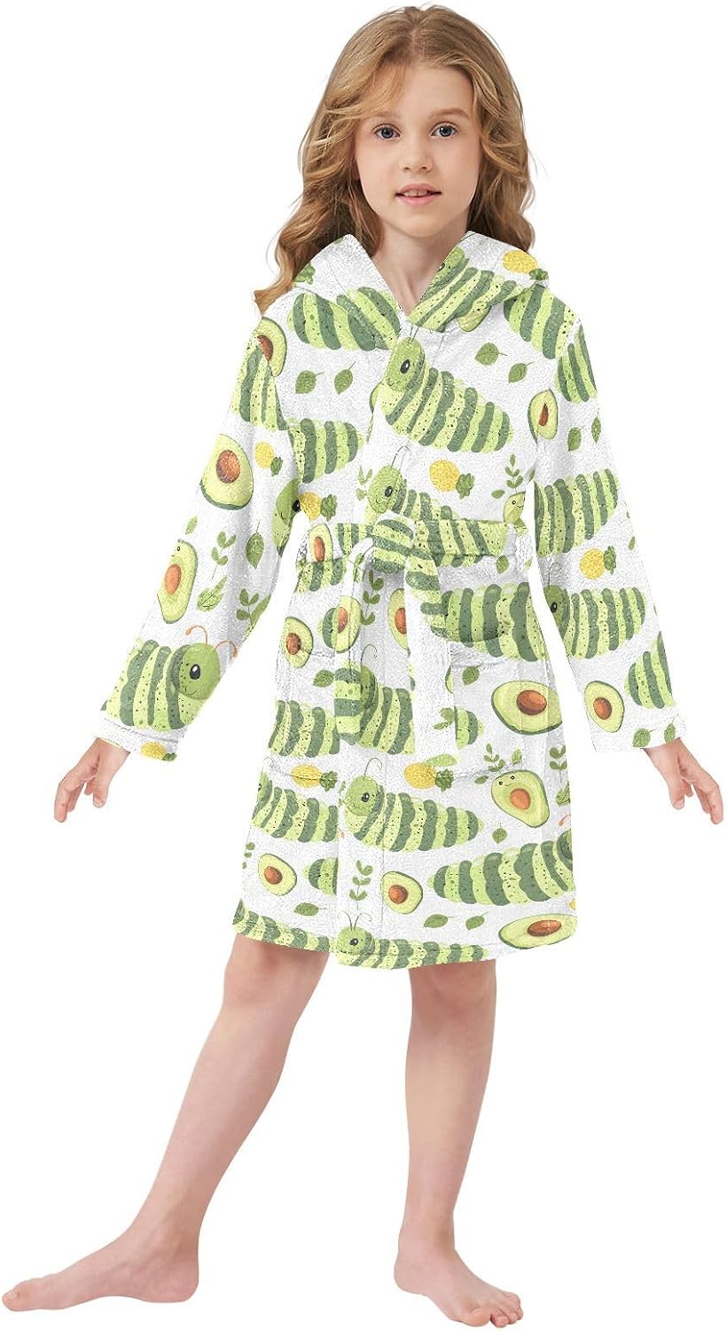 senya Cartoon Caterpill Aravocado Toddler Hooded Bathrobe Kids Soft Plush Bath Towel Robes for Boys Girls 2-12 Years