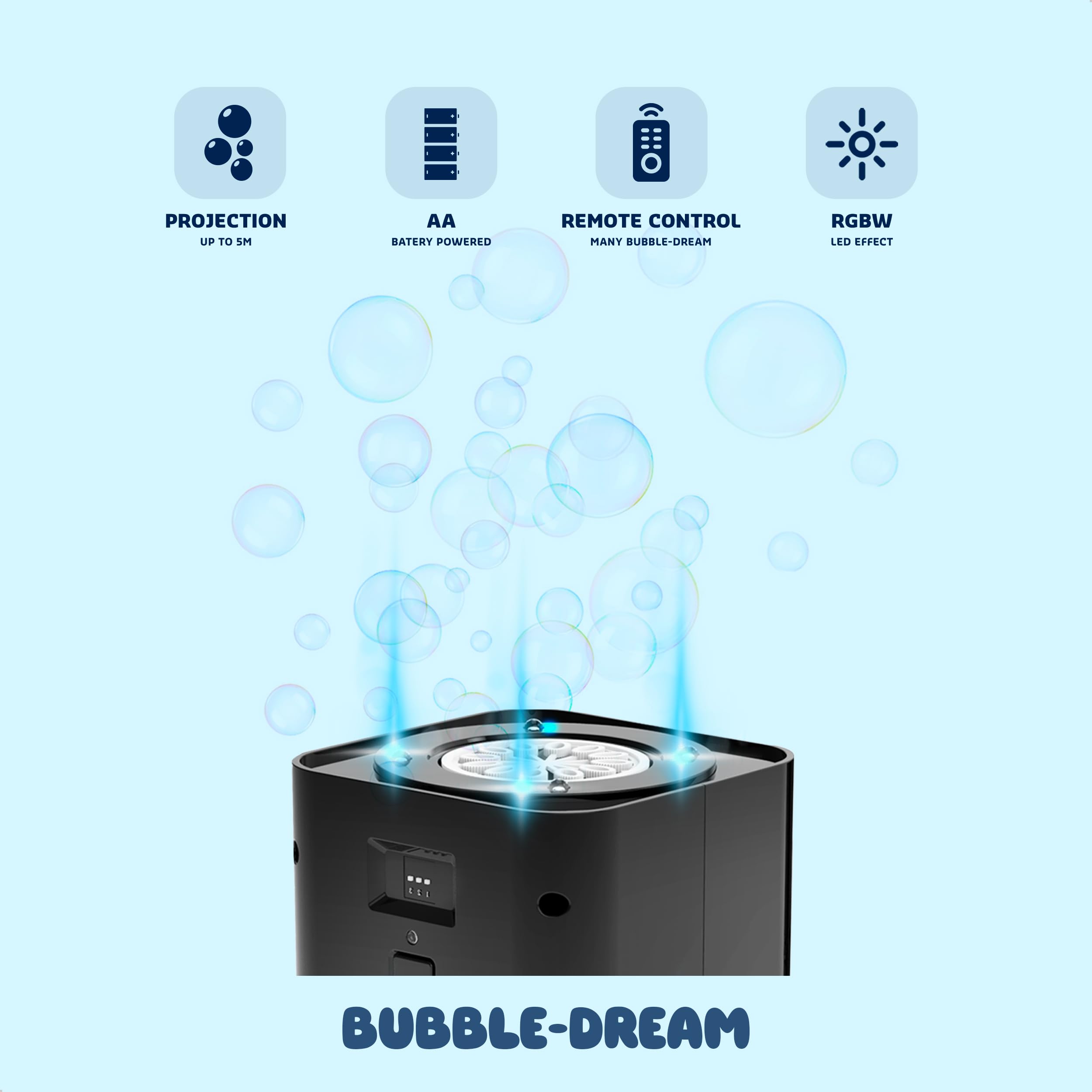 Ibiza - BUBBLE-DREAM - Macchina per bolle di sapone portatile alimentata a batteria con LED colorati RGB - Sincronizzazione tra più macchine - Bolla illuminata - Telecomando