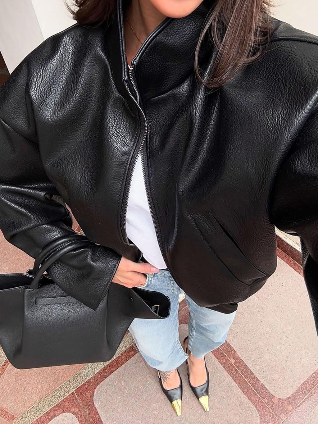 RISCUYY Oversized Leather Jacket for Women Faux Leather Stand Collar Motorcycle Going Out Long Sleeve Bomber Jacket Women - Image 5