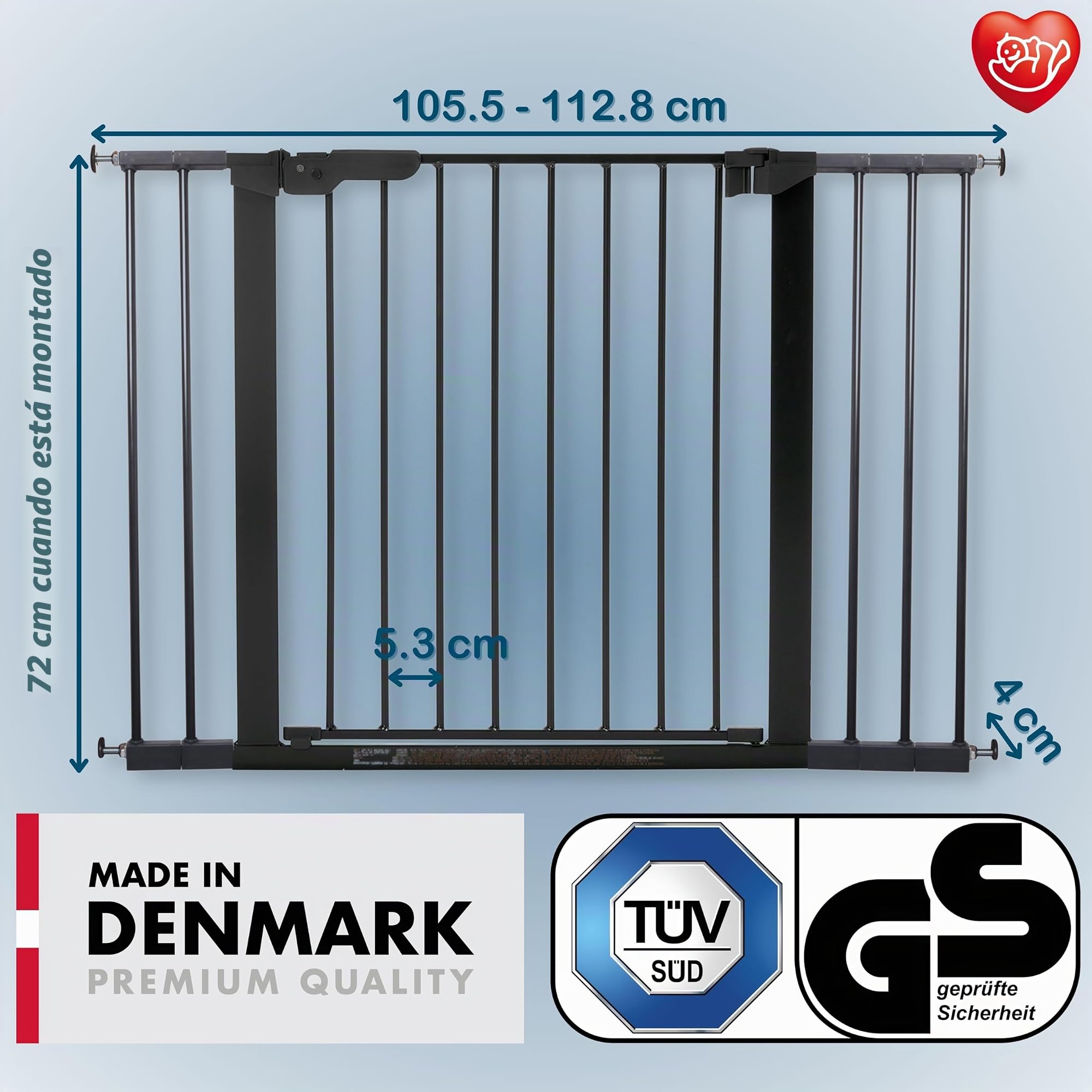 BabyDan Premier – Barrera de fijación por presión para puerta/escalera, color negro, 105,5-112,8 cm