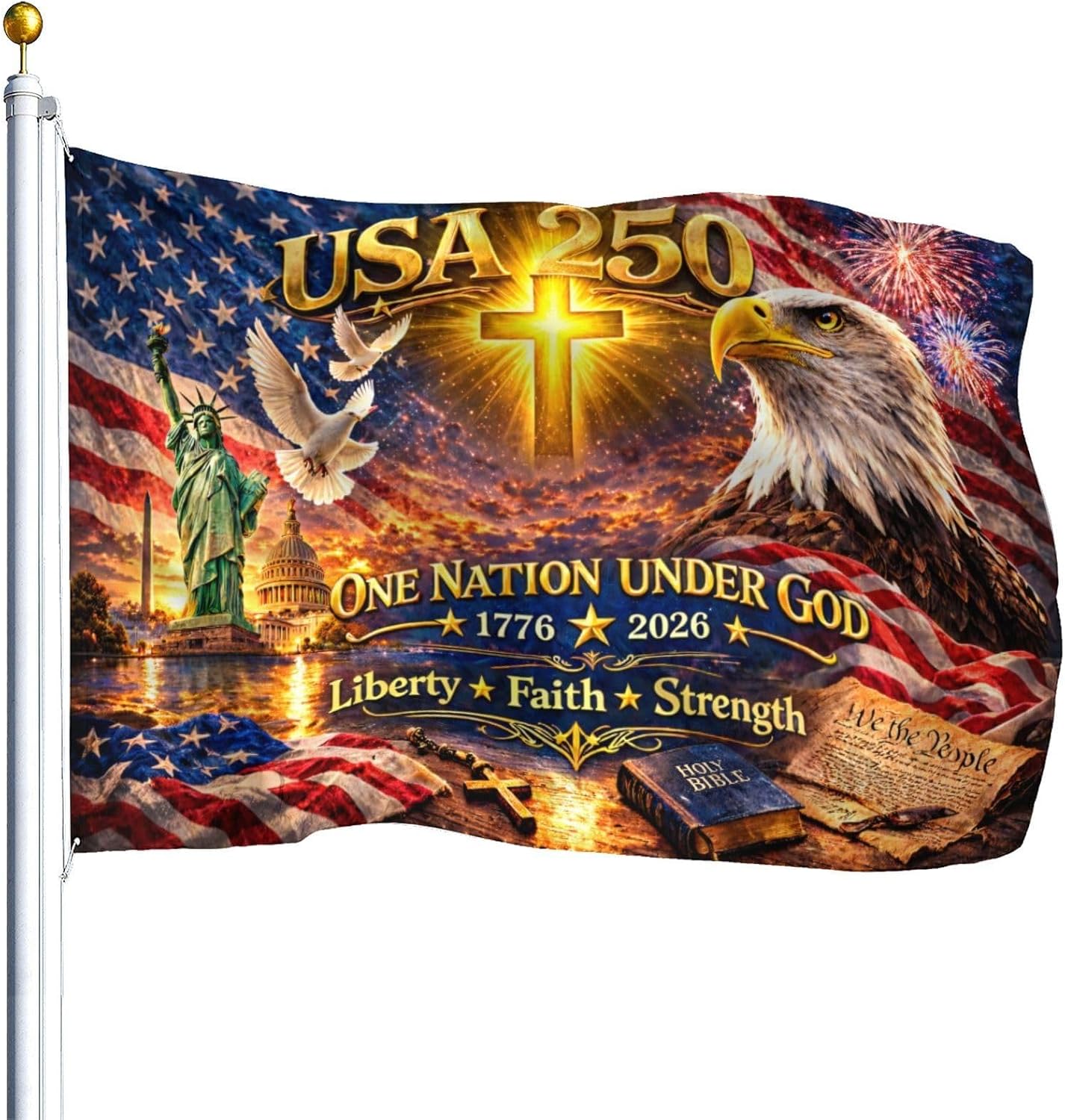 American 250th Anniversary Flag 1776-2026 Commemorative Large House Flag 3x5 ft Patriotic 250 Years of Freedom Outdoor Indoor Double-Sided Porch Banner