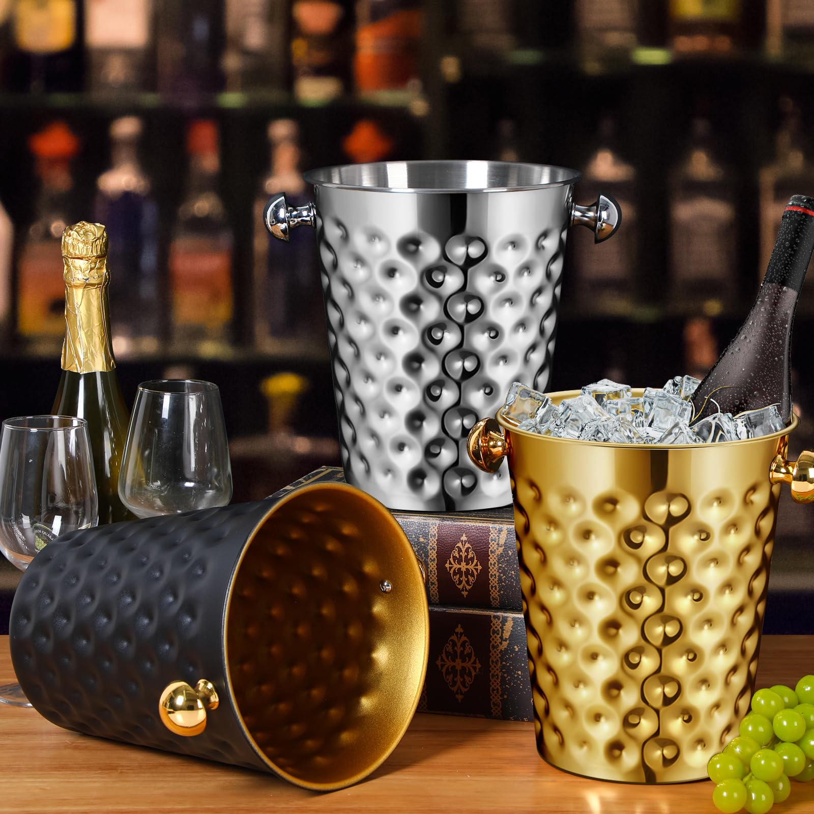 Cubo de hielo dorado champán de 5 cuartos (4.7 L) de metal de doble pared martillado de acero inoxidable para bar, fiesta, boda, banquete, barbacoa al aire libre (boca recta) 4
