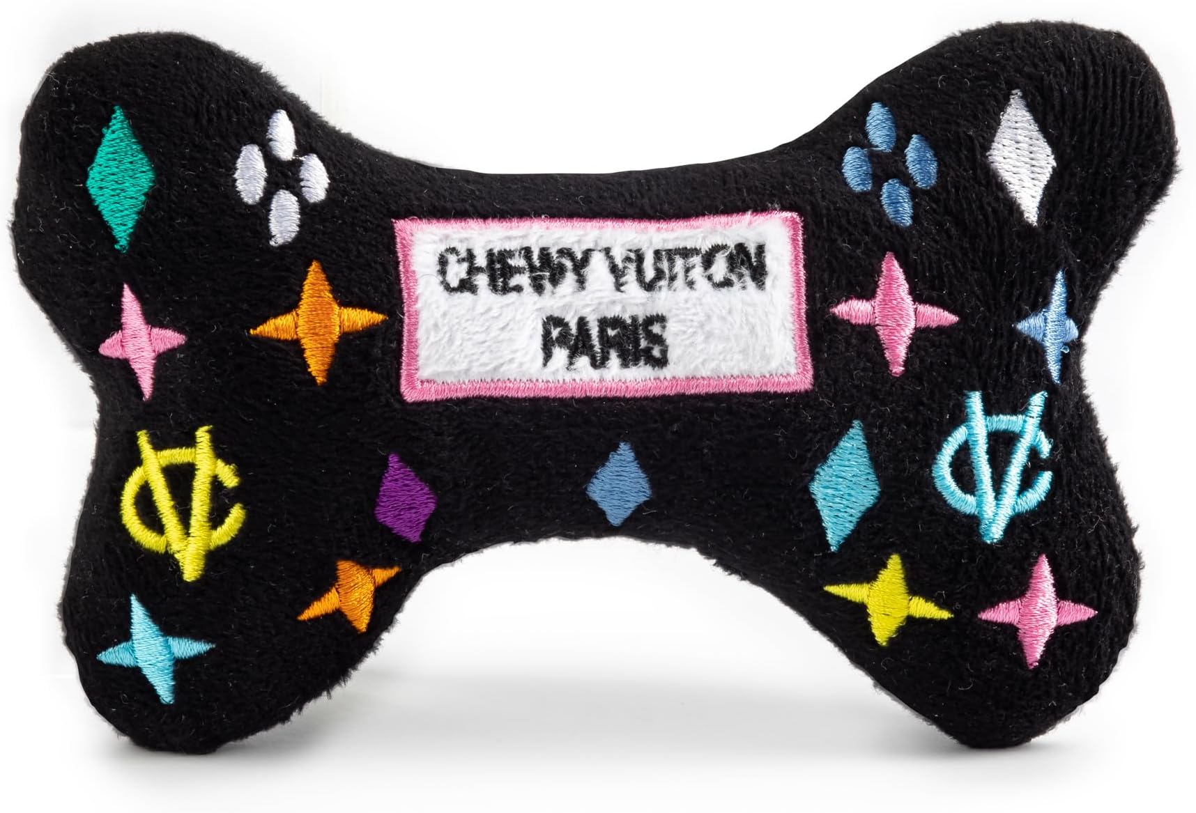 Black Monogram Chewy Vuiton Bone, Plush Designer Dog Toys with Interactive Squeaker, Stimulating Pet Enrichment, Machine-Washable & Safe Materials for All Breeds, Size Small