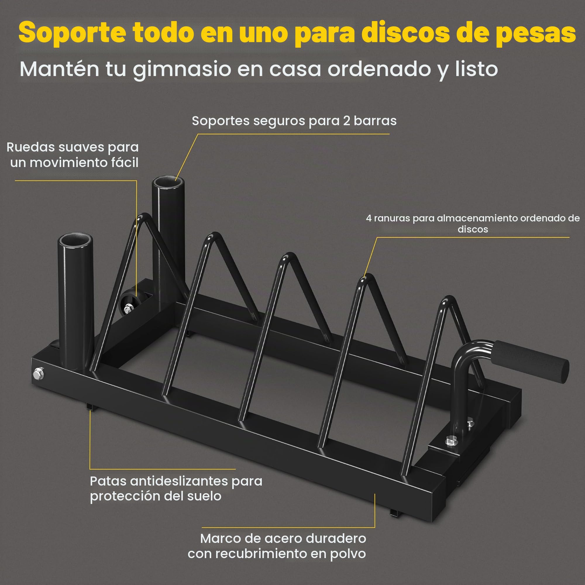 Yaheetech Estante horizontal para discos de peso, estante de fitness de fuerza con 4 ranuras para placas, soporte de almacenamiento de placas, parachoques de barra con ruedas giratorias para el hogar