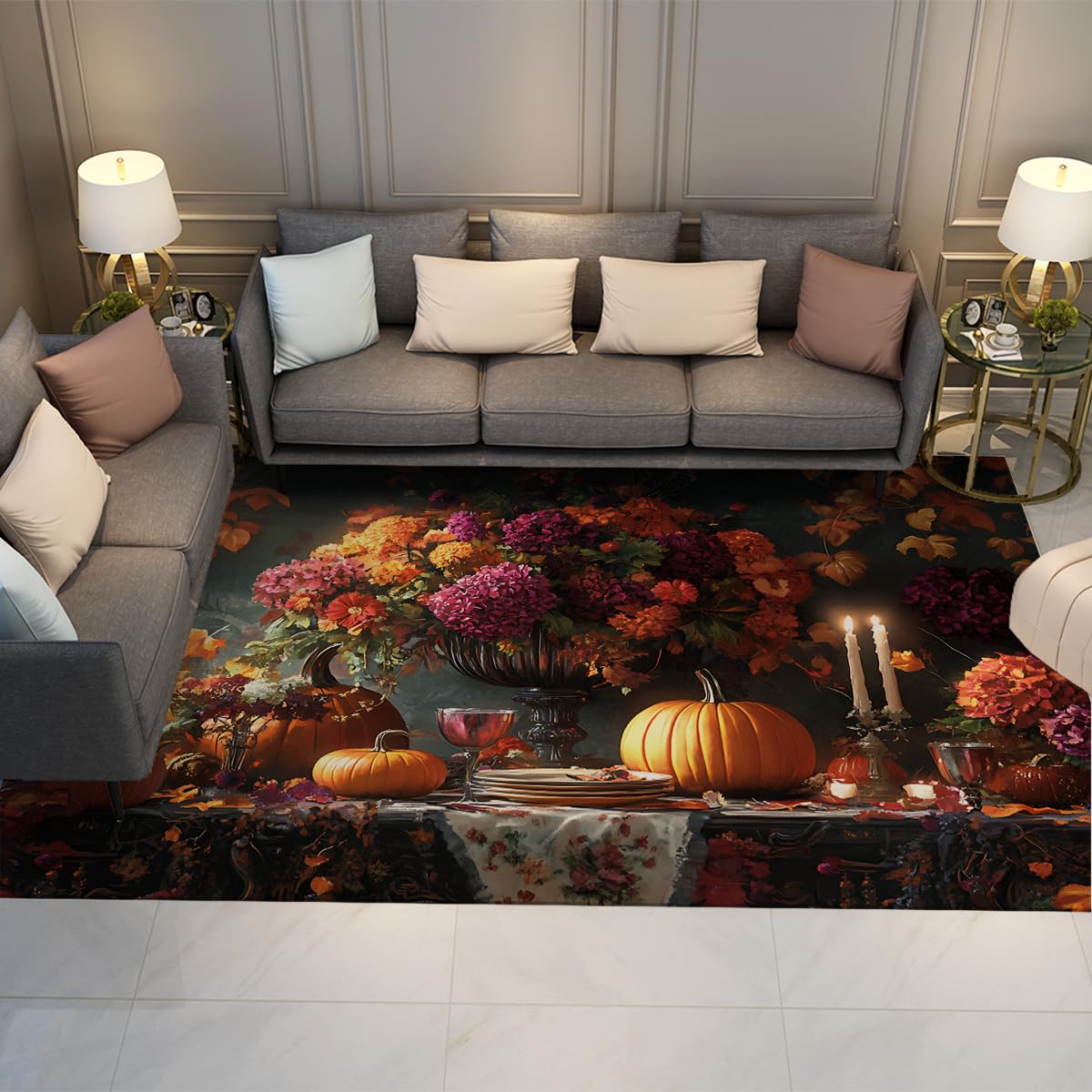 Tapis de salon 120x180cm lavable motif bougie et citrouille