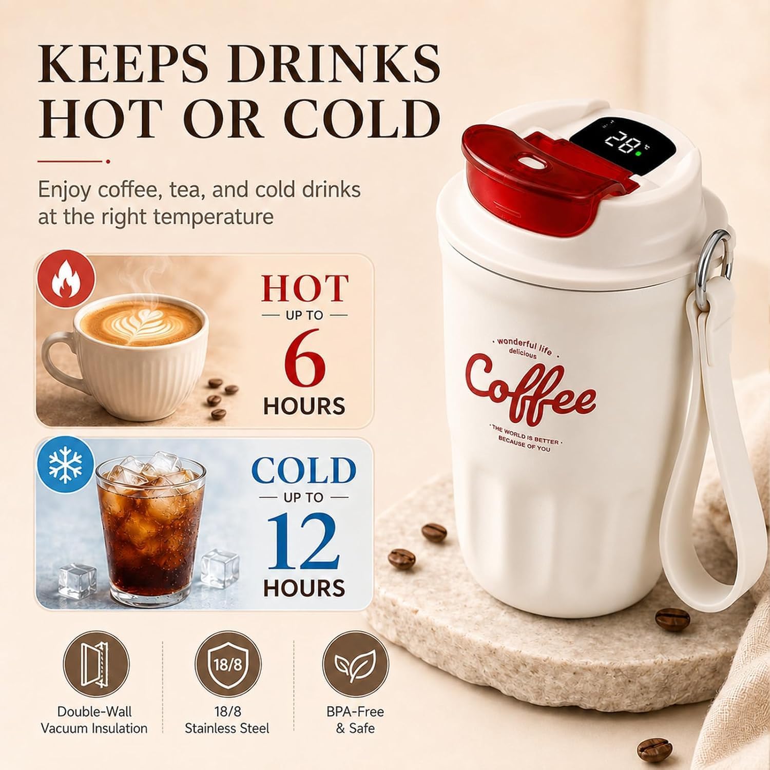 2027 New Coffee Vacuum Flask - 1 Count Portable Coffee Cup with Lid & Handle, 13 OZ Stainless Steel Insulated Water Mug (Black,with Digital Display)