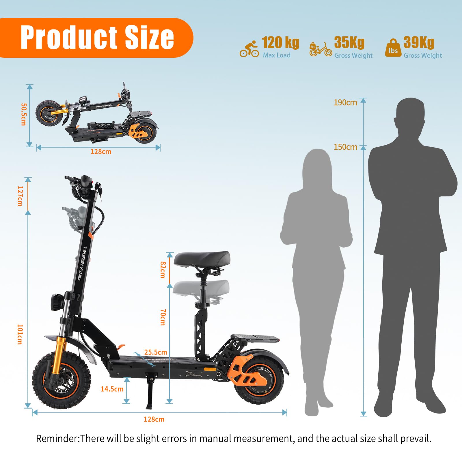 TWOFISH V5 MAX Monopattino Elettrico Adulto, All Terrain 11/10 Pollici Pieghevole Batteria 48V 18Ah Autonomia 55km, 3 Modalità di Velocità LCD Display Carico 120 kg, Nero con Dettagli Arancioni