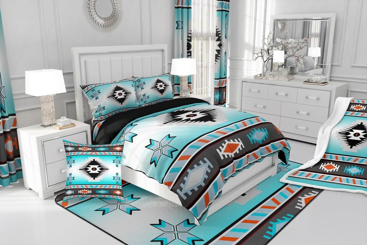 Erosebridal Western Comforter Set for Boys Girls Bohemian Exotic Tribal Bedding Set King Size Retro Ethnic Aztec Bed Set Comforter Southwestern Indian Duvet Insert,Teal White,3 Pcs - Image 8