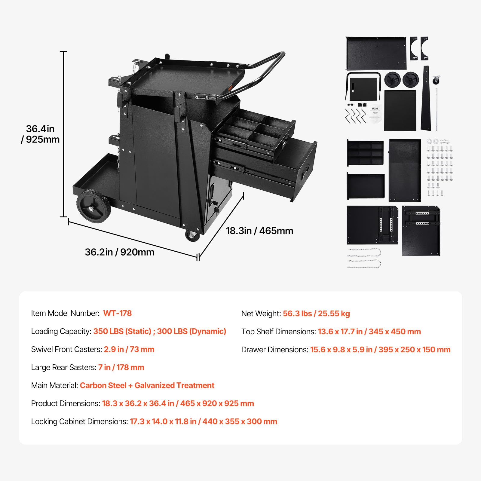 VEVOR Carro de Soldadura de 2 Cajones, Resistente, con Gabinete con Cerradura Antirrobo, Capacidad de Peso Estático de 159 kg, Ruedas Giratorias de 360°, Cortador de Plasma, 465 x 920 x 925 mm