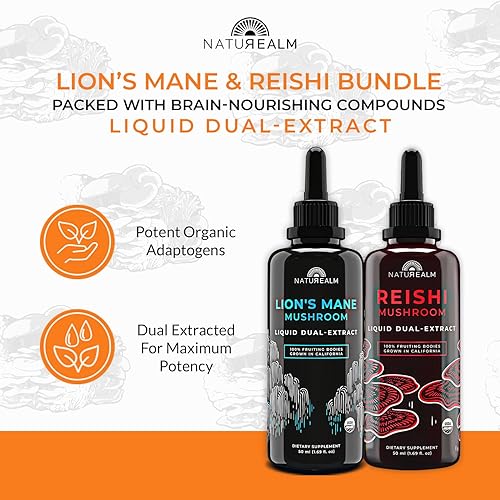 Miniatura 2 de Naturealm Reishi & Extracto de hongo melena de león Pila de adaptógeno para concentración, inmunidad, longevidad, salud intestinal