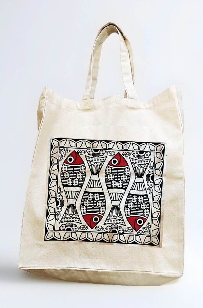 Unisex-Adult Shopping Bag - Madhubani Fish Print - 100% Cotton, Reusable, Printed Canvas Bag, Off-White