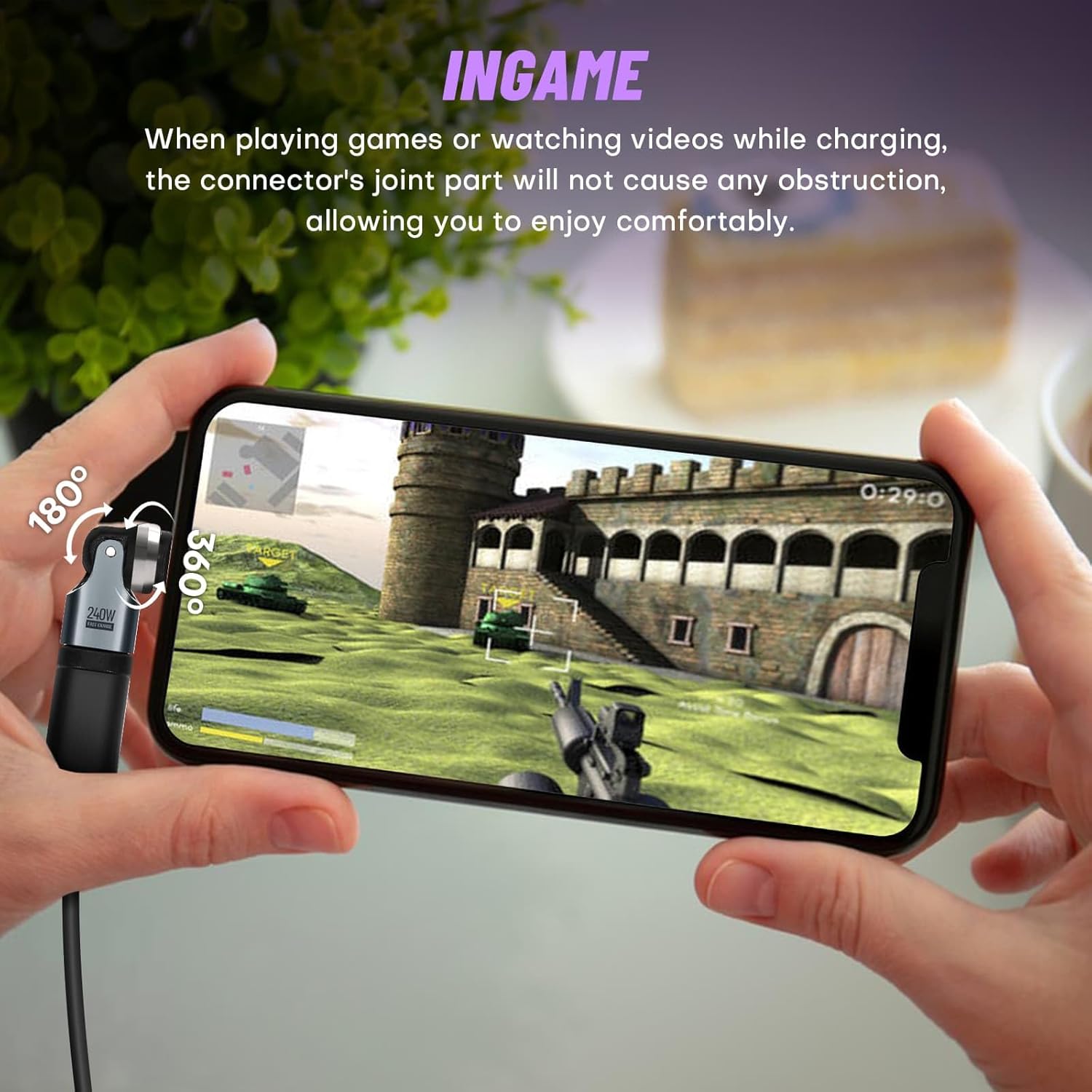 USB Adapter Type C to C 2 Pack 180° & 360° Rotation PD 240W USB2.0 480Mbps Phone OTG Port Fast Charge Extender with LED Indicator (Black) - Image 3