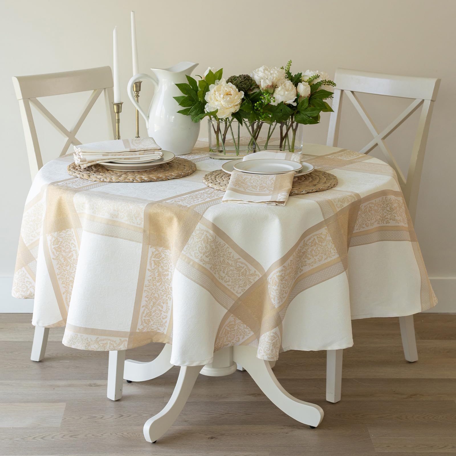 Benson Mills Metallic Heavyweight Jacquard Fabric Table Cloth, Décor for Fall, Thanksgiving, and Holiday Dining Tablecloth (70" Round, Grandeur Glow)