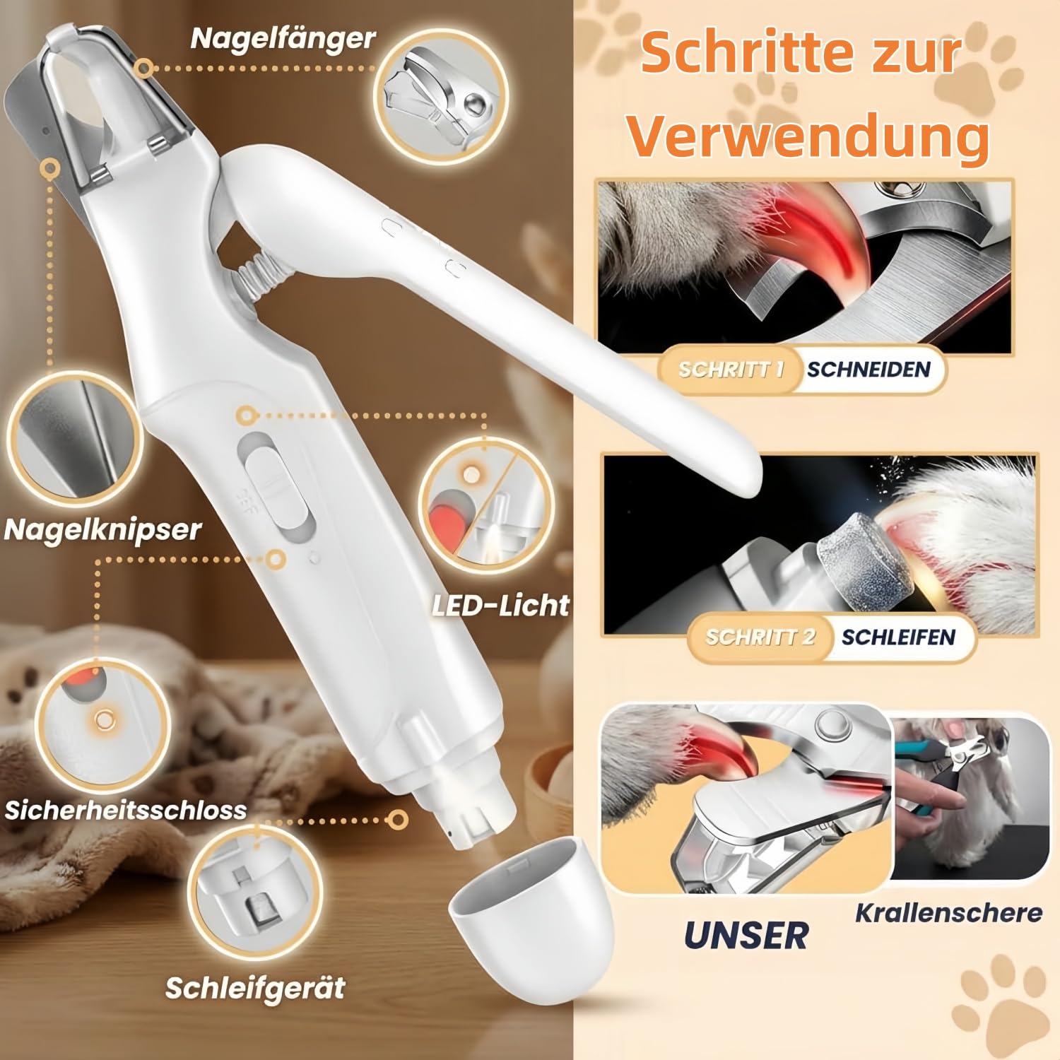 Dr.Pfoten LichtSchere PRO Hund– LED Krallenpflege Werkzeug Für Hunde Mit Sichtbarem Nerv Für Ruhige Und Sichere Anwendung- Sichere Pfotenpflege Ohne Angst (Weiß)