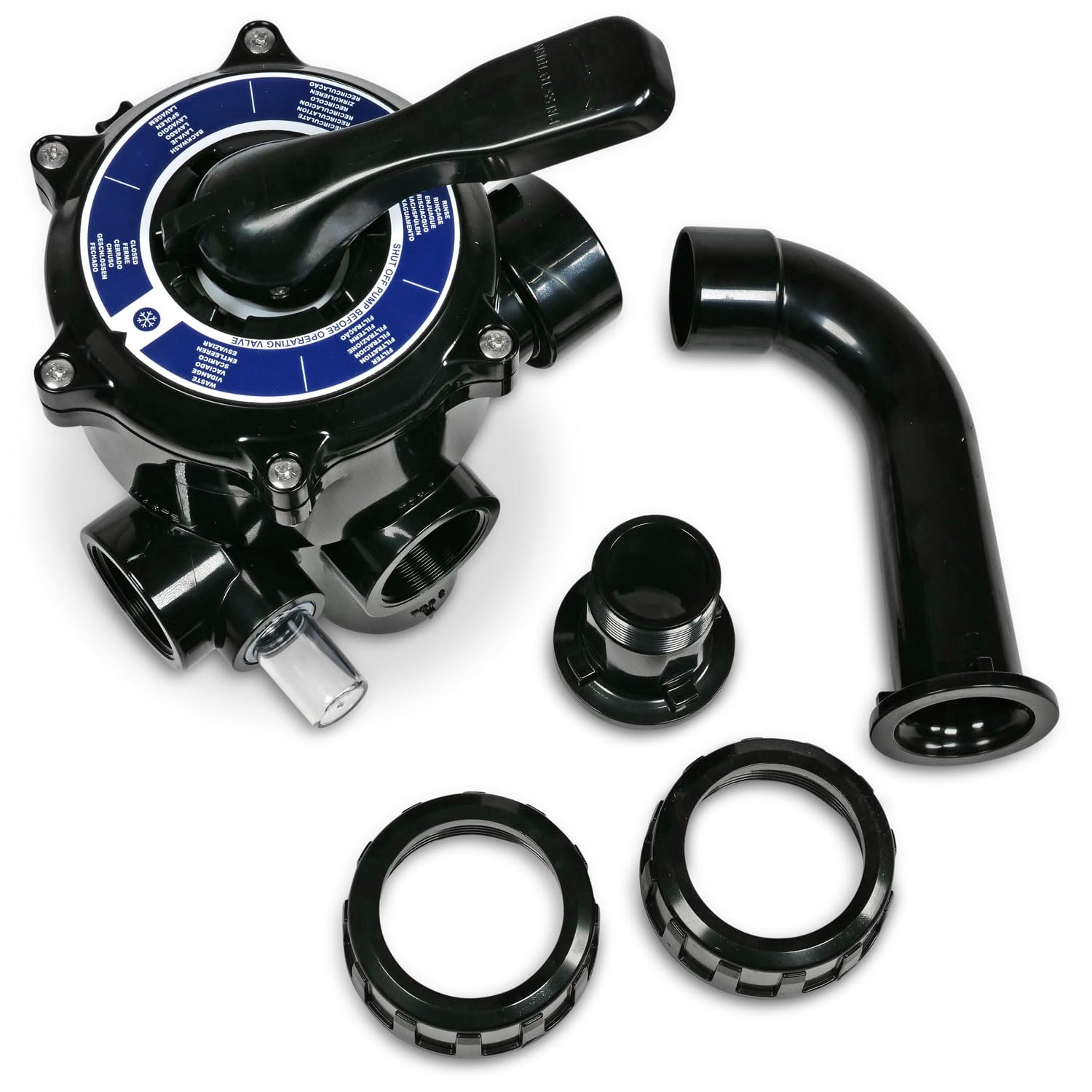 Astral Pool 1 1/2'' Side Mount 6-Wege Ventil schwarz - Mit Anschlussverrohrung und Schauglas - ABS Gehäuse mit PPO Verteiler und EPDM Dichtungen - Für Sandfilteranlagen