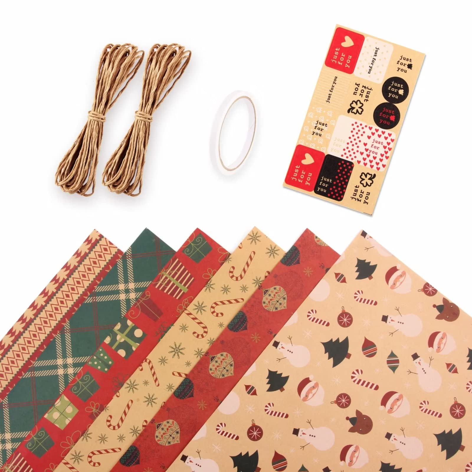 6 Rollen Weihnachts-Geschenkpapier, Kraftpapier, Büffelkariert, Geschenk, Schneeflocke, Ball, Baum, Schneemann, Weihnachtsmann, Geschenkpapier mit Schnur, Aufkleber für Urlaub, Party, 27,6 x 39,3 pro