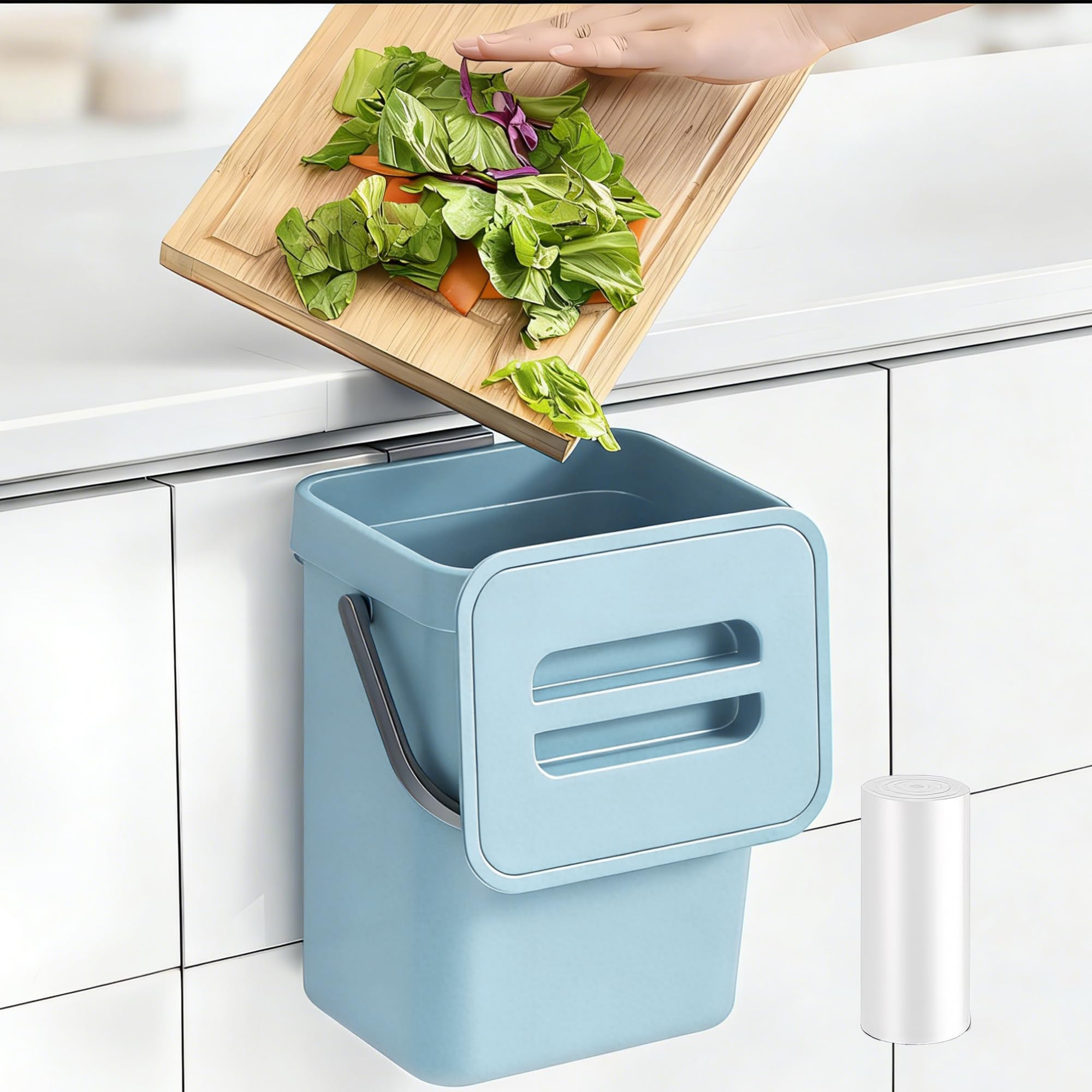 1.3 Gallon Small Trash Can with Lid - Countertop Food Waste Bin, Kitchen Hanging Trash Can for Cabinet Door/Under Sink, Small Garbage Can for Desk, 5L(Subtle Blue)