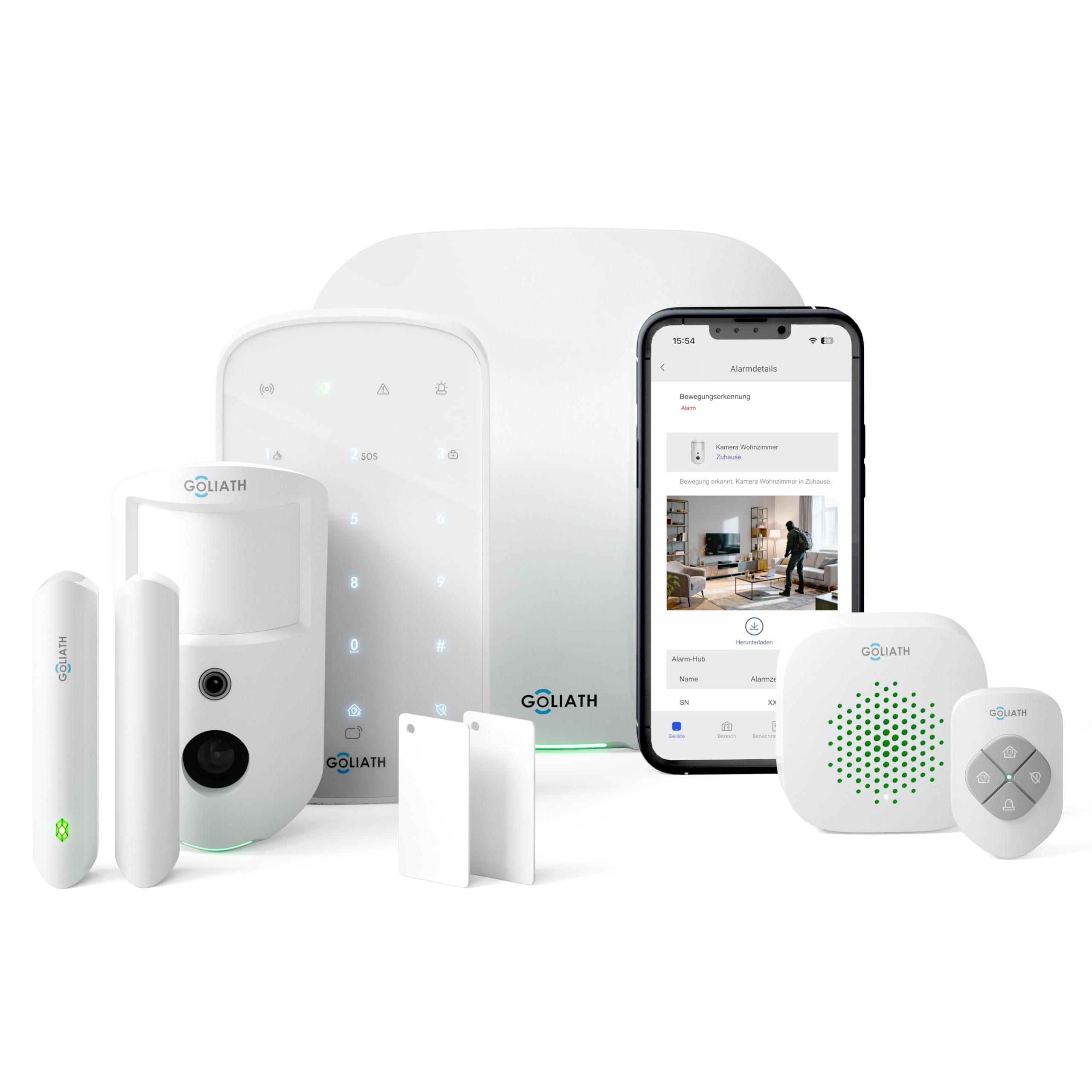 GOLIATH AirShield Alarmanlage Set, Funk 868 MHz, Alarmanlage mit Kamera Bewegungsmelder, App Steuerung, Tür Fensterkontakt, Innensirene, Keypad RFID, Einbruchmeldeanlage Haus oder Wohnung, Starterset
