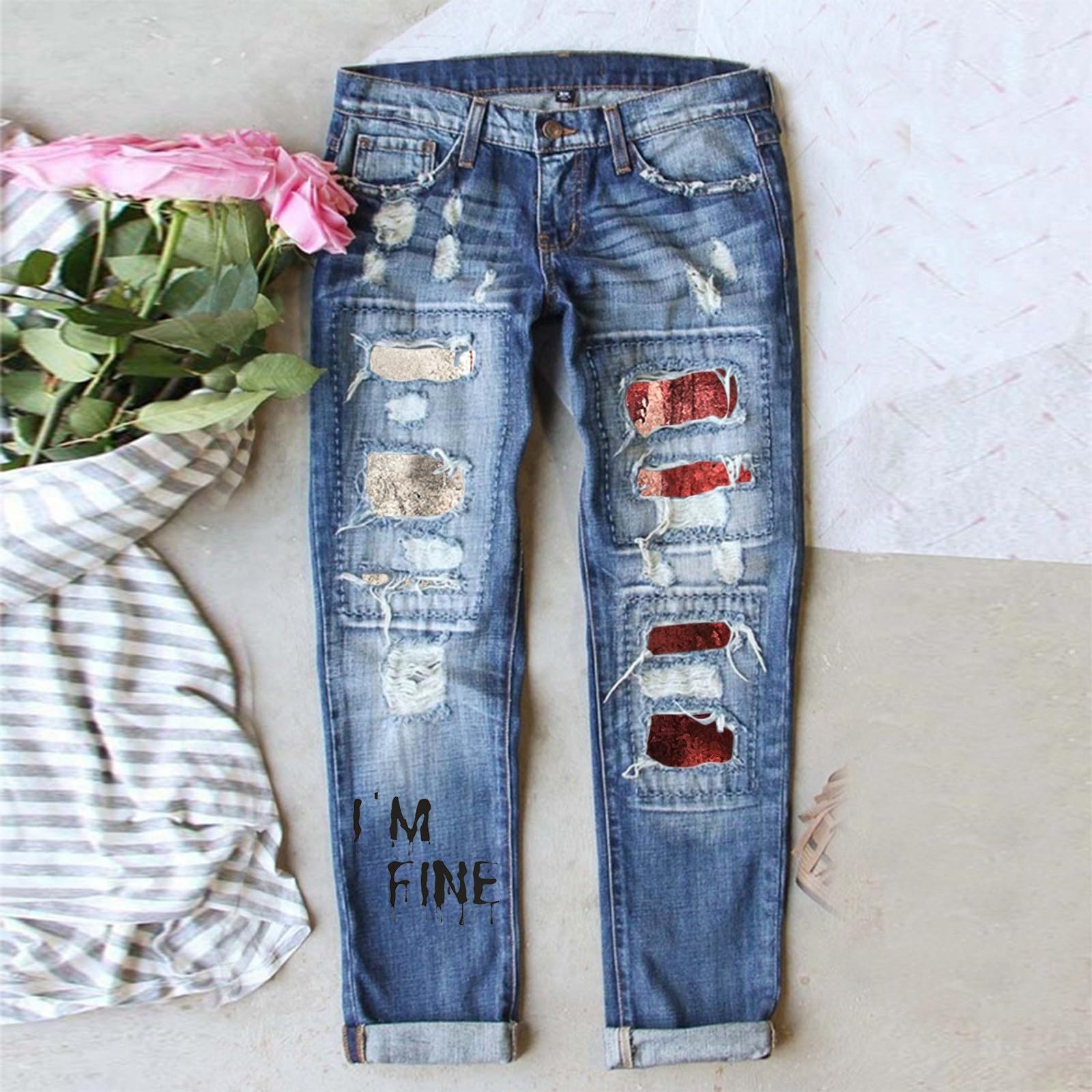 Genérico Vaqueros para Mujer Bajita Elásticos Bolsillos Pantalones Invierno Bootcut Bolsillo Deportes Campana Elefante de Lavados con Efectos Rasgados y Estampado Temático Halloween un Unisex Moderno